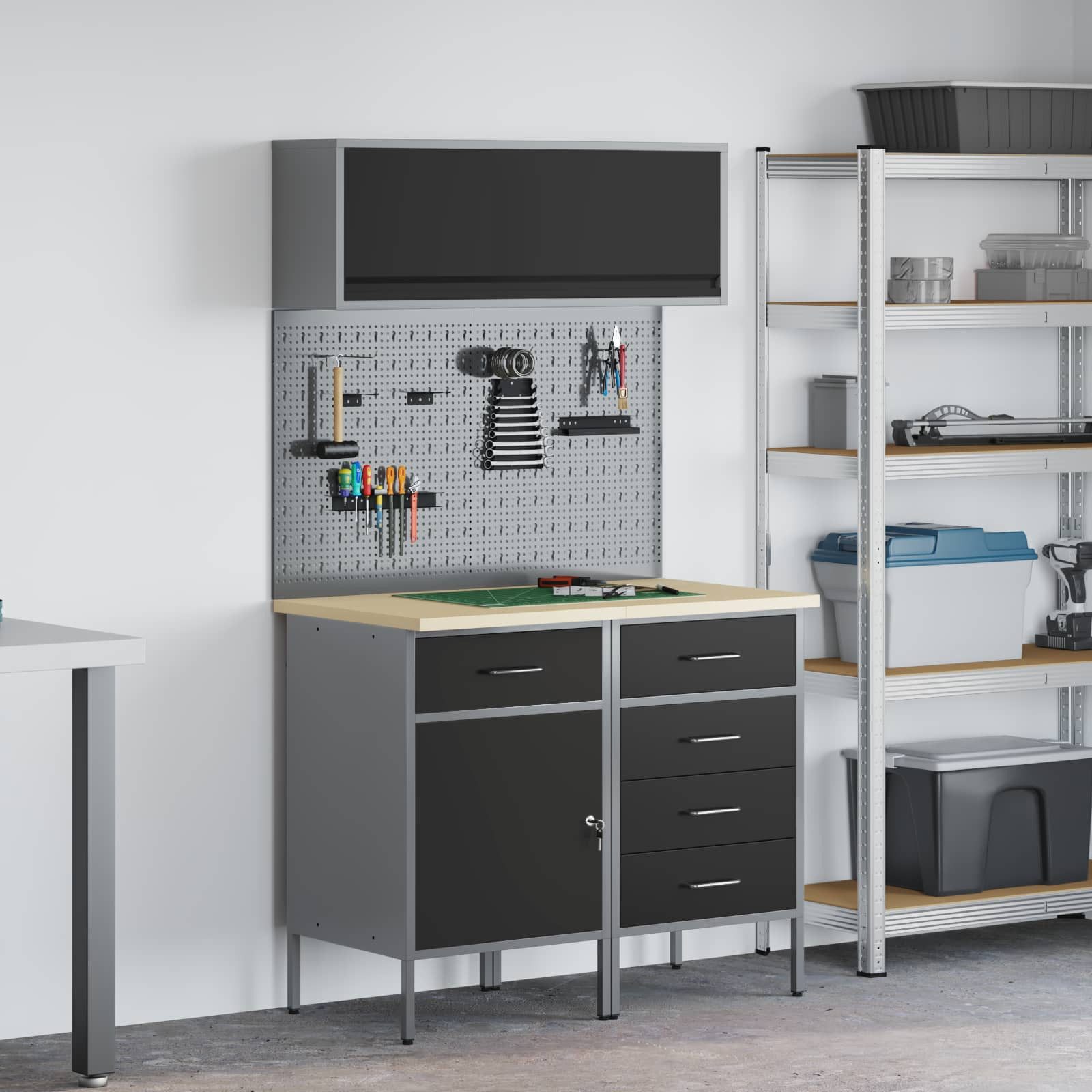 furnicato Werkzeugschrank Werkstatt-Schrankset 100x55x200 cm Schwarz (1-St) Höhenverstellbare Fußrasten Werkbank mit Schloss für Werkstatt