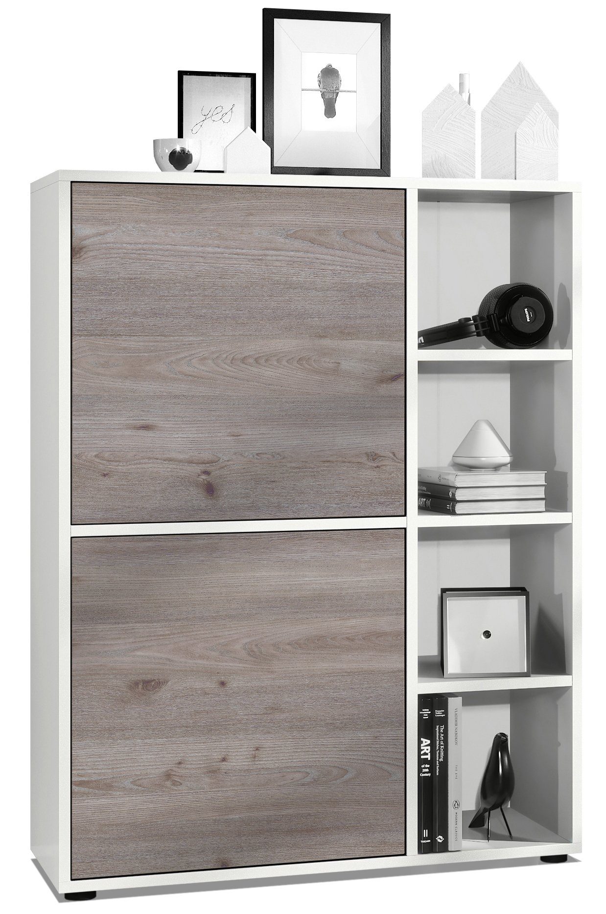 Vladon Highboard Cuba (Anrichte, mit 2 Türen und 4 offene Fächer), Weiß matt/Eiche Nordic (79 x 105,5 x 35,5 cm)