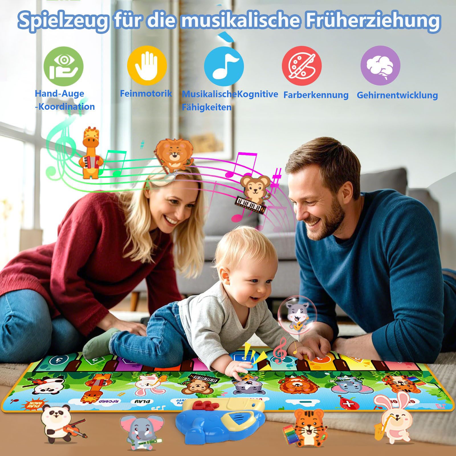 Lzbargon Spielmatte Elektronische Hüpfmatte mit Sound, Elektronische Klaviermatte, Musikmatte mit 10 Tieren Kinderspielzeug,Tanzmatte Spielzeug