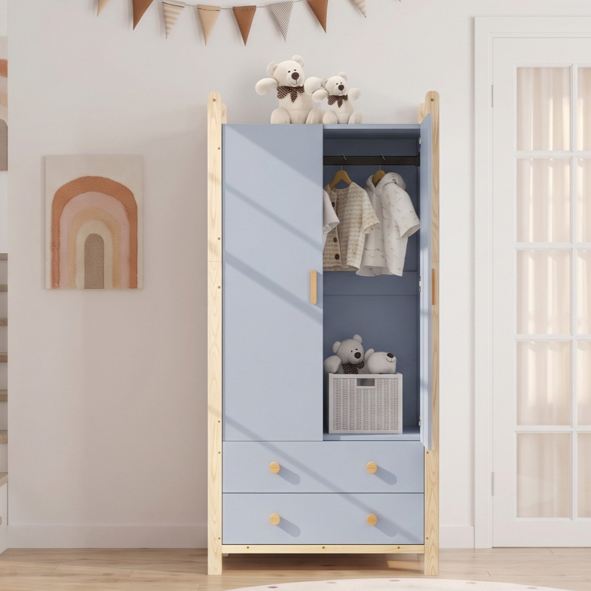 Ulife Kleiderschrank 90×45×180 cm, 2-türiger, mit Kleiderstange, 2 Schubladen (2-St) Flurgarderobe geeignet, aus Spanplatte, blauer Körper + Kieferrahmen – Bild 4 von 5
