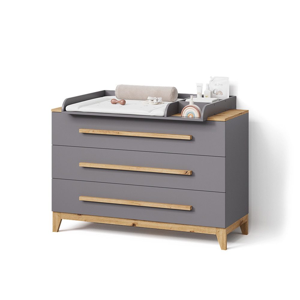 Livinity® Wickelkommode Mailo, Grau/Artisan/Artisan, XL mit 3 Schubladen