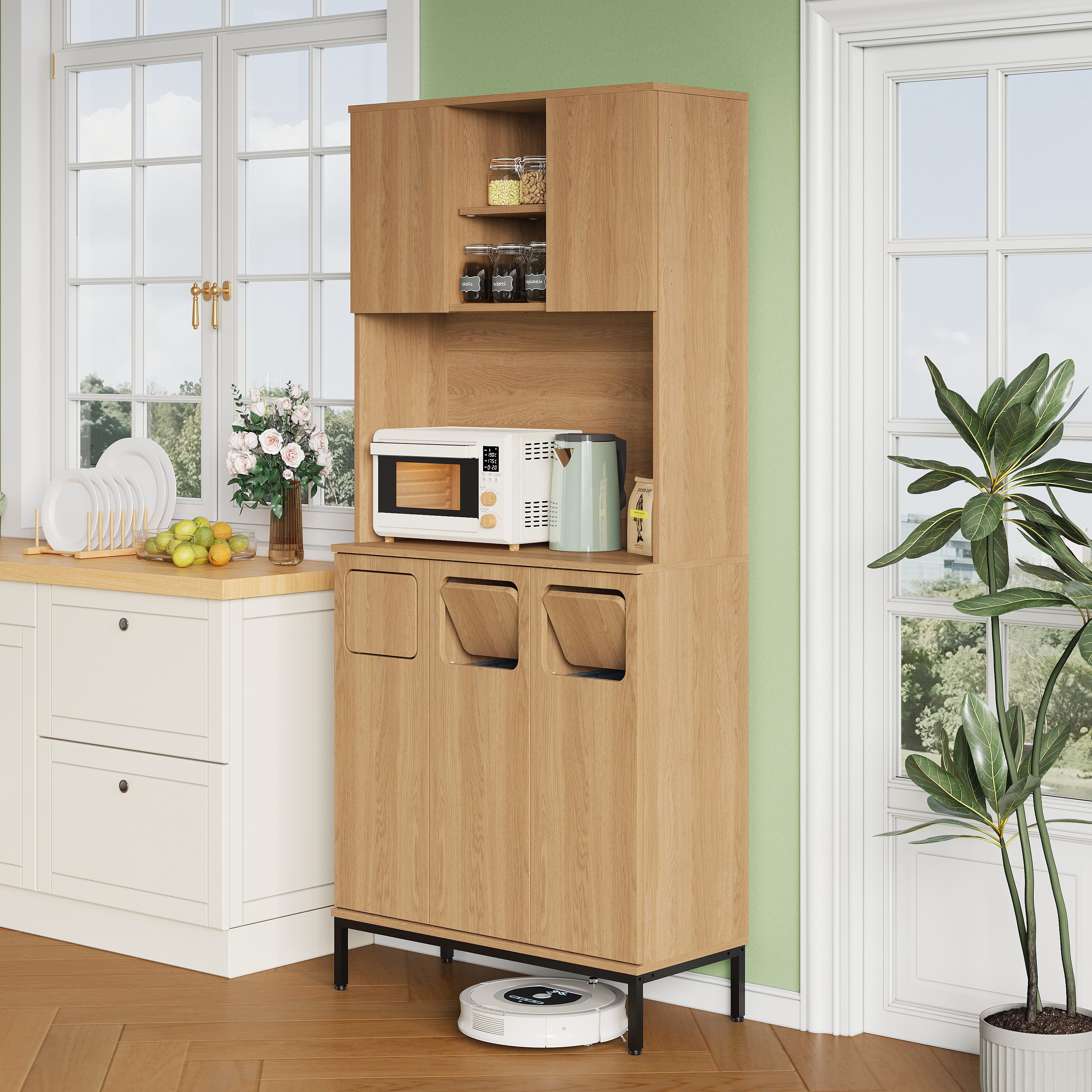 MODFU Küchenbuffet 3 Fächer für Abfallsortierung, Mikrowellenablage (Packung, 1-St., Dreitüriger Küchenschrank 80x35x181 cm, Eiche-Optik, Mülltrennung) Hoher Hochschrank mit Stauraum für Staubsauger & Zubehör