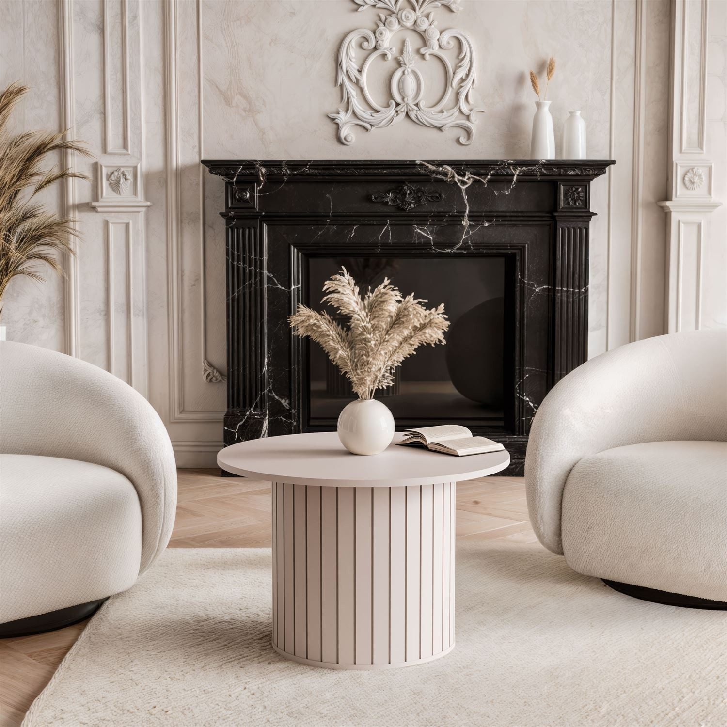 yourhouse24 Couchtisch LINNEA Rund Ø70cm Säule Lamellen Kaschmir/Schwarz (1x Couchtisch), Säule in moderner Lamellen-Optik