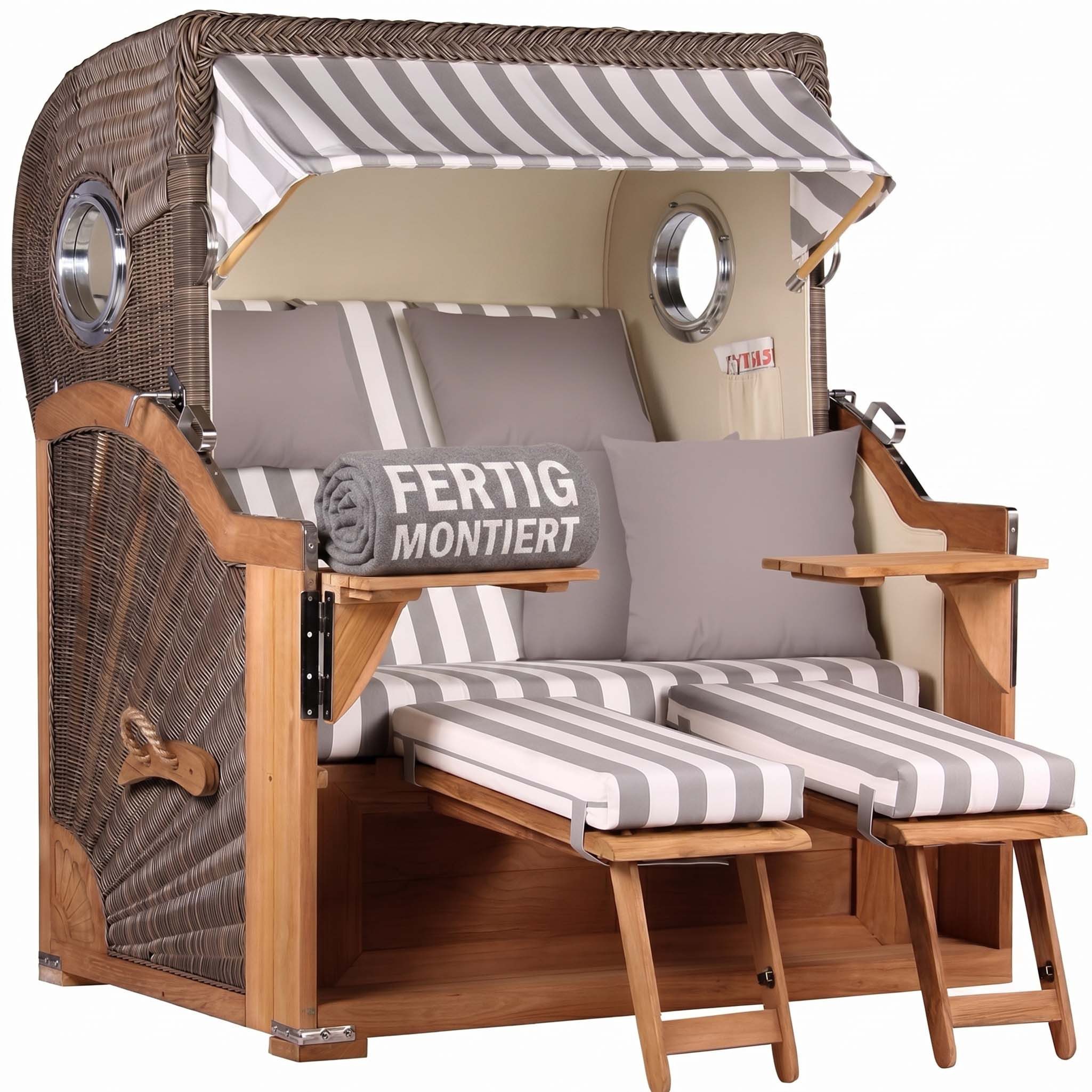 MR.DEKO Strandkorb XXL Baltikum 2,5-Sitzer Bullauge Teak PE Grey 142x170x95, BxTxH: 142x95x170 cm, Volllieger, Baltikum, (Wetterfester 2,5-Sitzer Strandkorb für Garten, Terrasse & Balkon), Volllieger mit Stauraum, Bullaugen & Edelstahl – komplett montiert