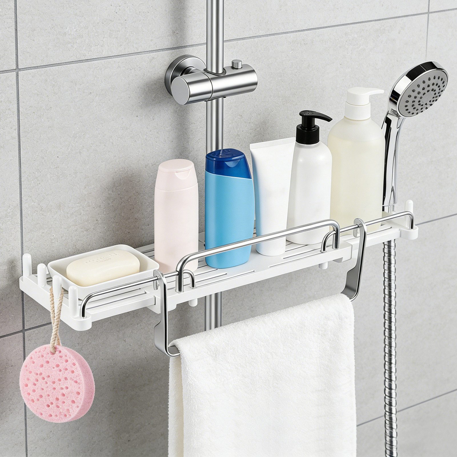 BlingBin Duschablage ohne Bohren 33–49,5 cm für Duschstange Ø 18–26 mm mit 6 Haken, Weiß, 1er Set 1-tlg., ausziehbares Duschregal, platzsparend, Shampoo Halter Dusche