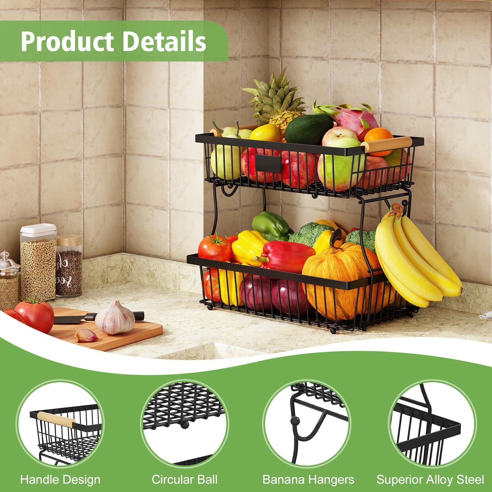 SURFOU Obstschale 2-stöckiger Obstkorb mit haken abnehmbar Metall Organizer Obst Etagere, Kohlenstoffstahl, (mit Holzgriff und 2 Bananenhängern, für Obst, Gemüs – Bild 2 von 5
