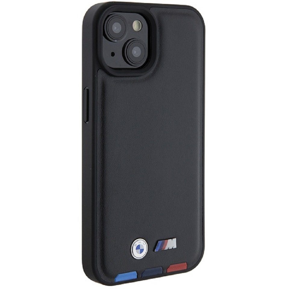 BMW Handyhülle Case iPhone 15 Kunstleder schwarz BMW Metall Logo 6,1 Zoll, Kantenschutz