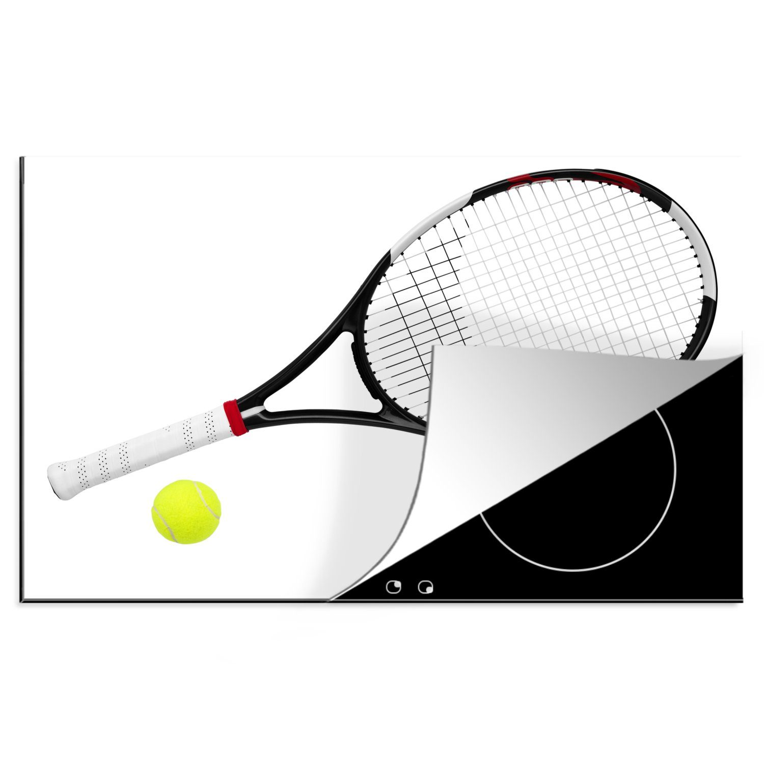 MuchoWow Herdblende-/Abdeckplatte Tennisschläger und Tennisball auf einem weißen Hintergrund, Vinyl, (1 tlg), 81x52 cm, Induktionskochfeld Schutz für die küche, Ceranfeldabdeckung