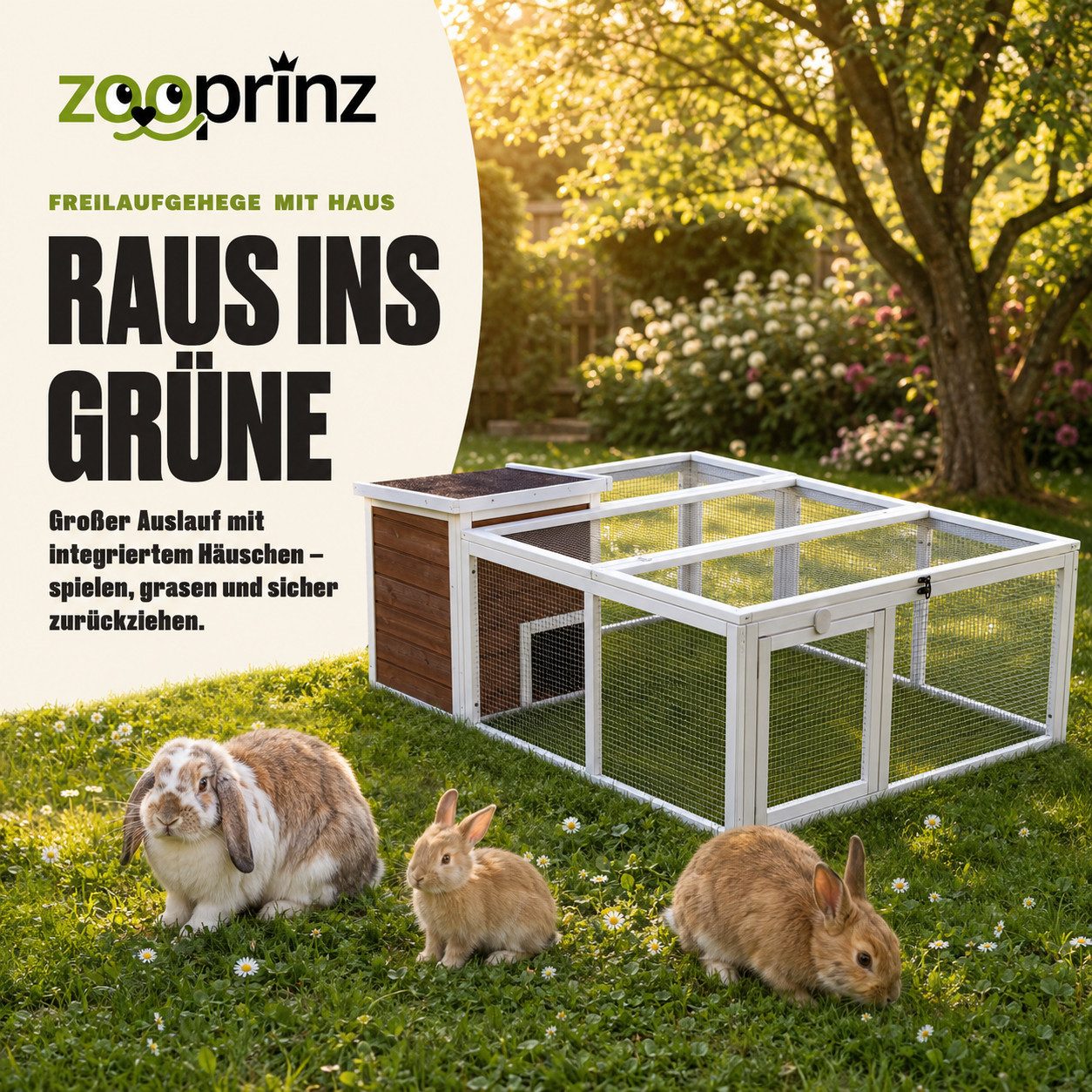 Zooprinz Freigehege Auslaufgehege Hasen Kaninchen Meerschweinchen Comfort mit Haus, XL, Wetterfest, Bitumen Klappdach, Freilauf, Auslauf, Freigehege