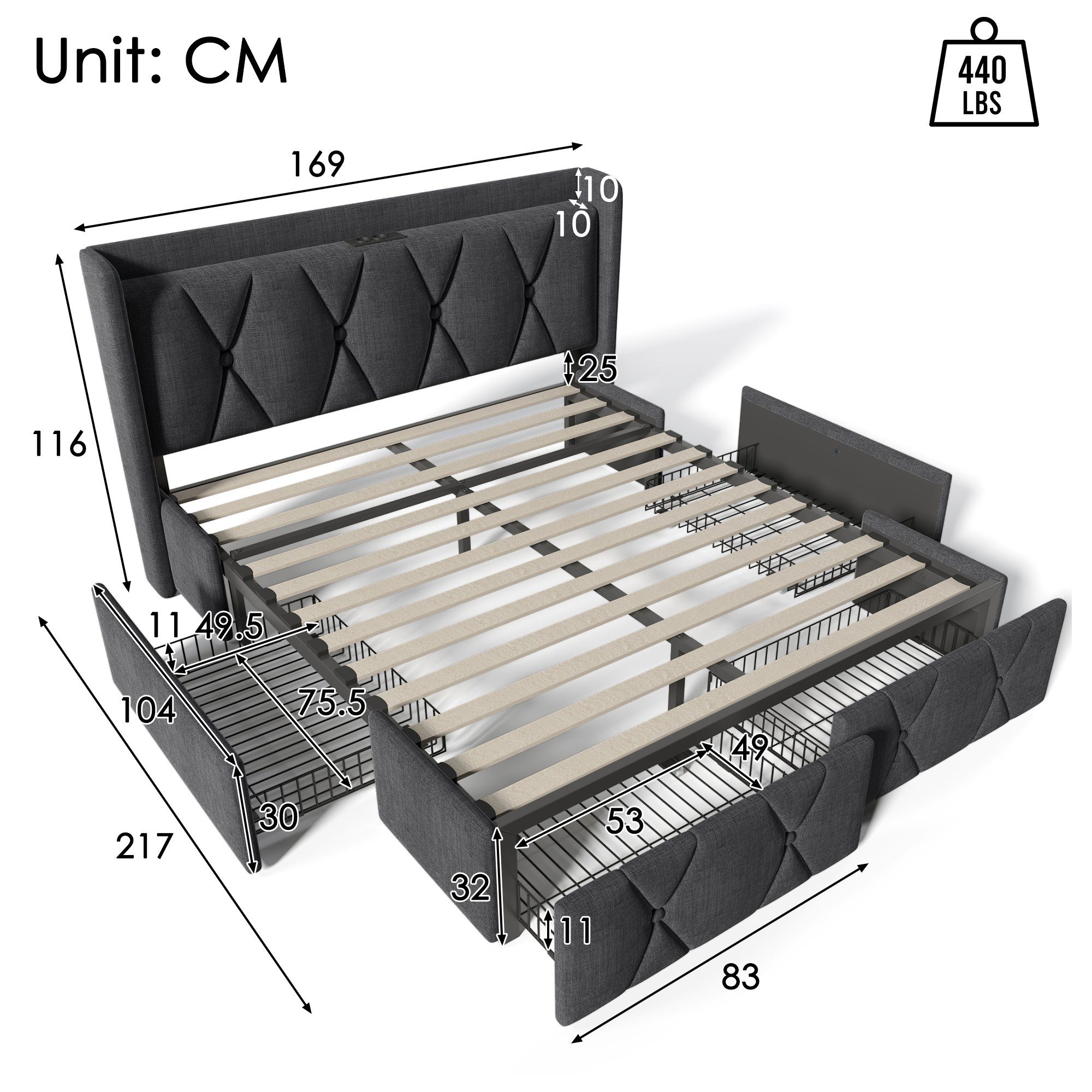 Polsterbett (Doppelbett Stauraumbett 160x200cm mit Lattenrost), mit Steckdose & USB Ladefunktion Kopfteil und 4 Schubladen, Leinen