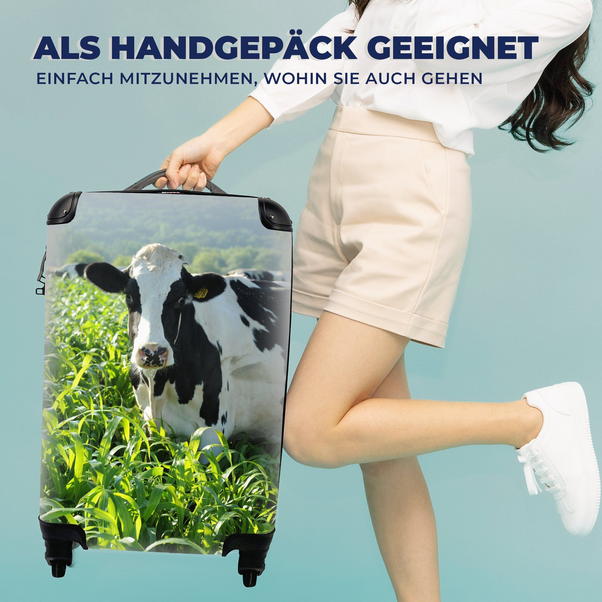 Handgepäck Reisekoffer 4 MuchoWow Kuh - Reisetasche für Gras Tiere, mit Ferien, Rollen, Handgepäckkoffer Berg - rollen, - Trolley,