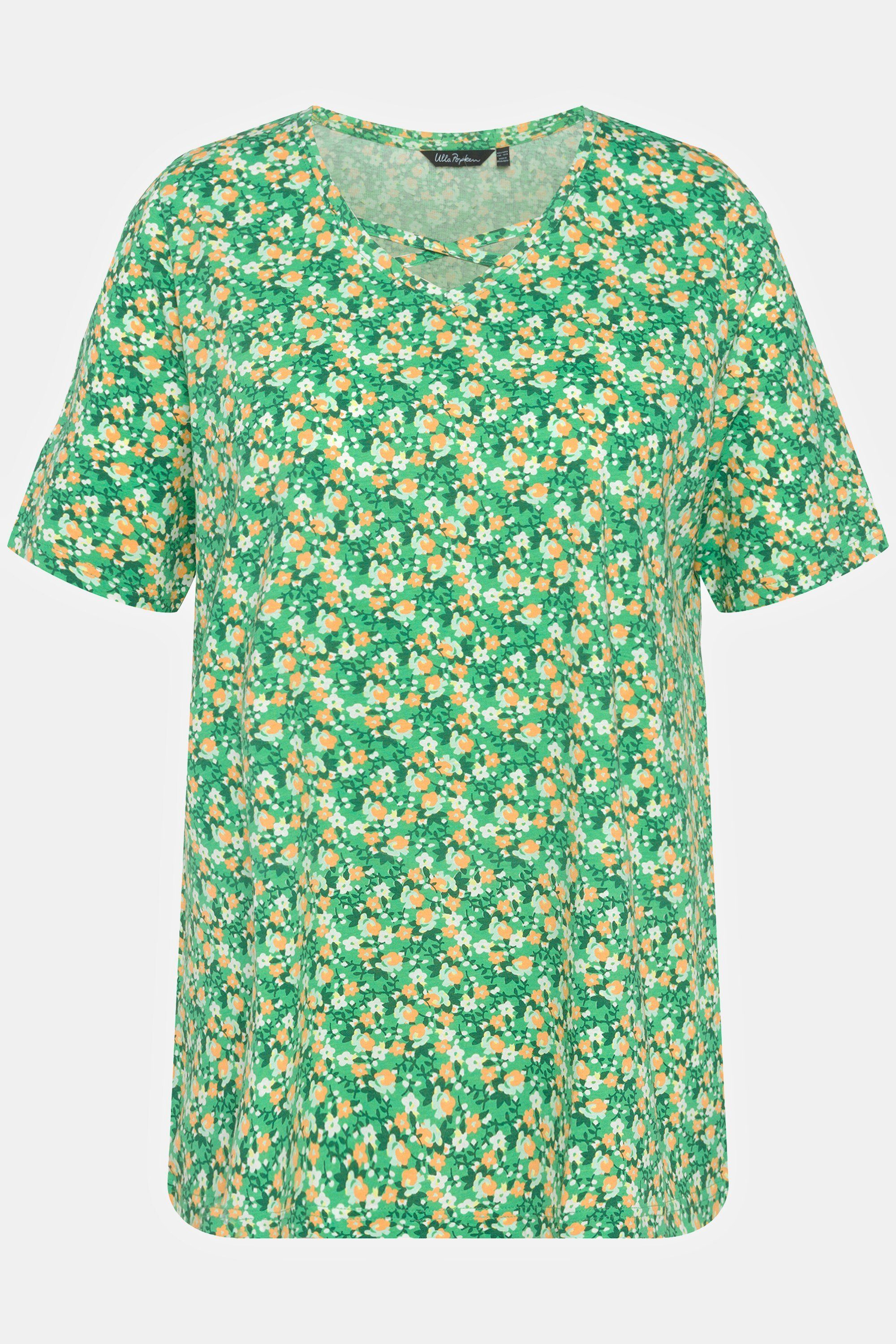 Ulla T-Shirt grasgrün V-Ausschnitt Halbarm Popken Rundhalsshirt A-Linie Blumen