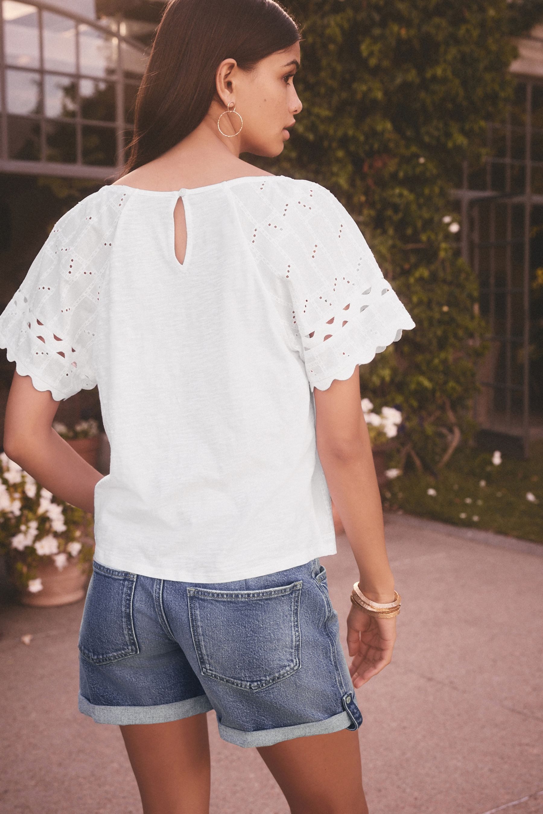 Next Kurzarmbluse Boho-Kurzarmoberteil mit Zackenlitze, Kurzgröße (1-tlg) günstig online kaufen