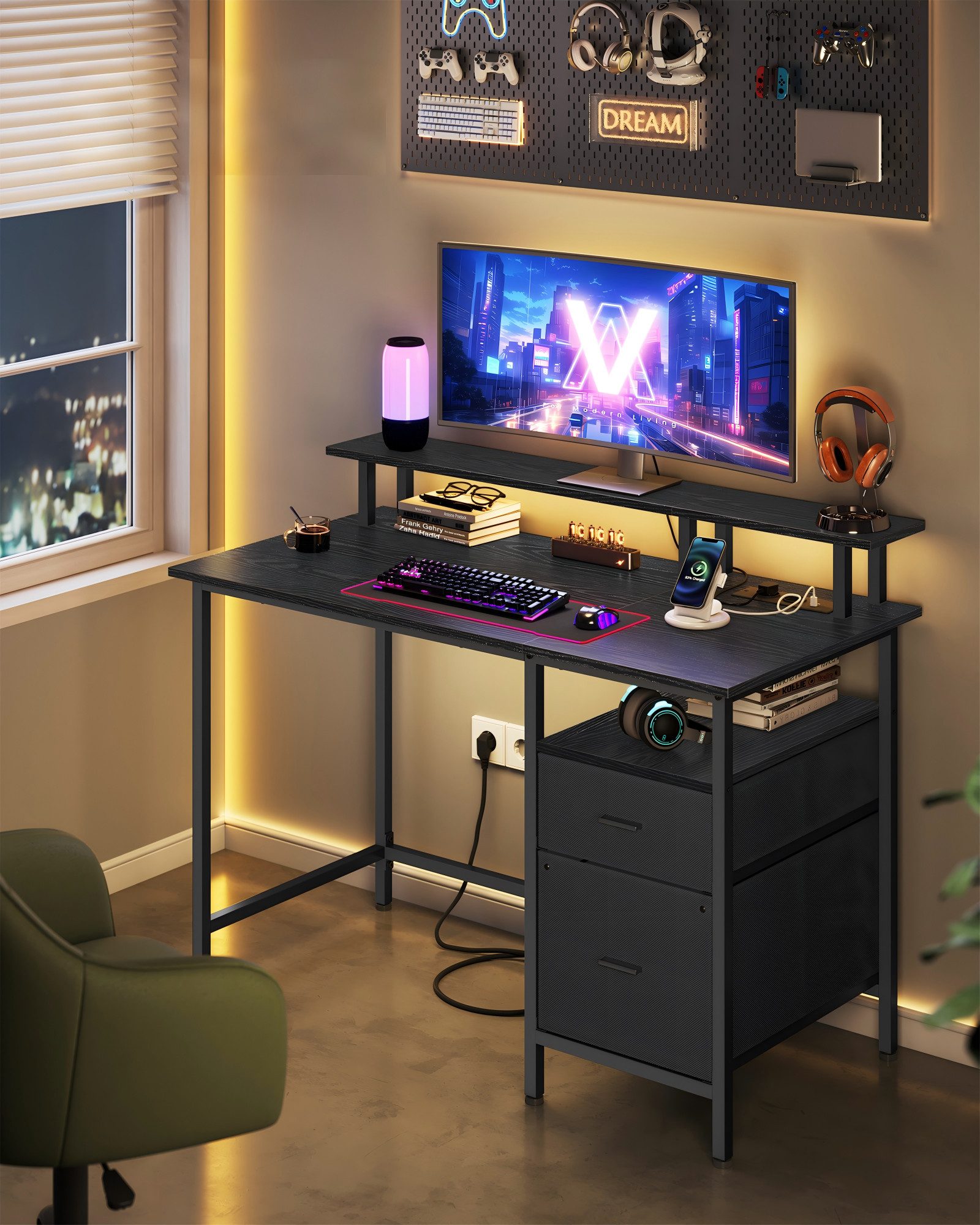 VASAGLE Schreibtisch mit Stoff-Schubladen, Computertisch mit Monitorständer, für Homeoffice, Bürotisch, 2 AC-Steckdosen, 2 USB-A-Anschlüsse, 120 x 60 cm