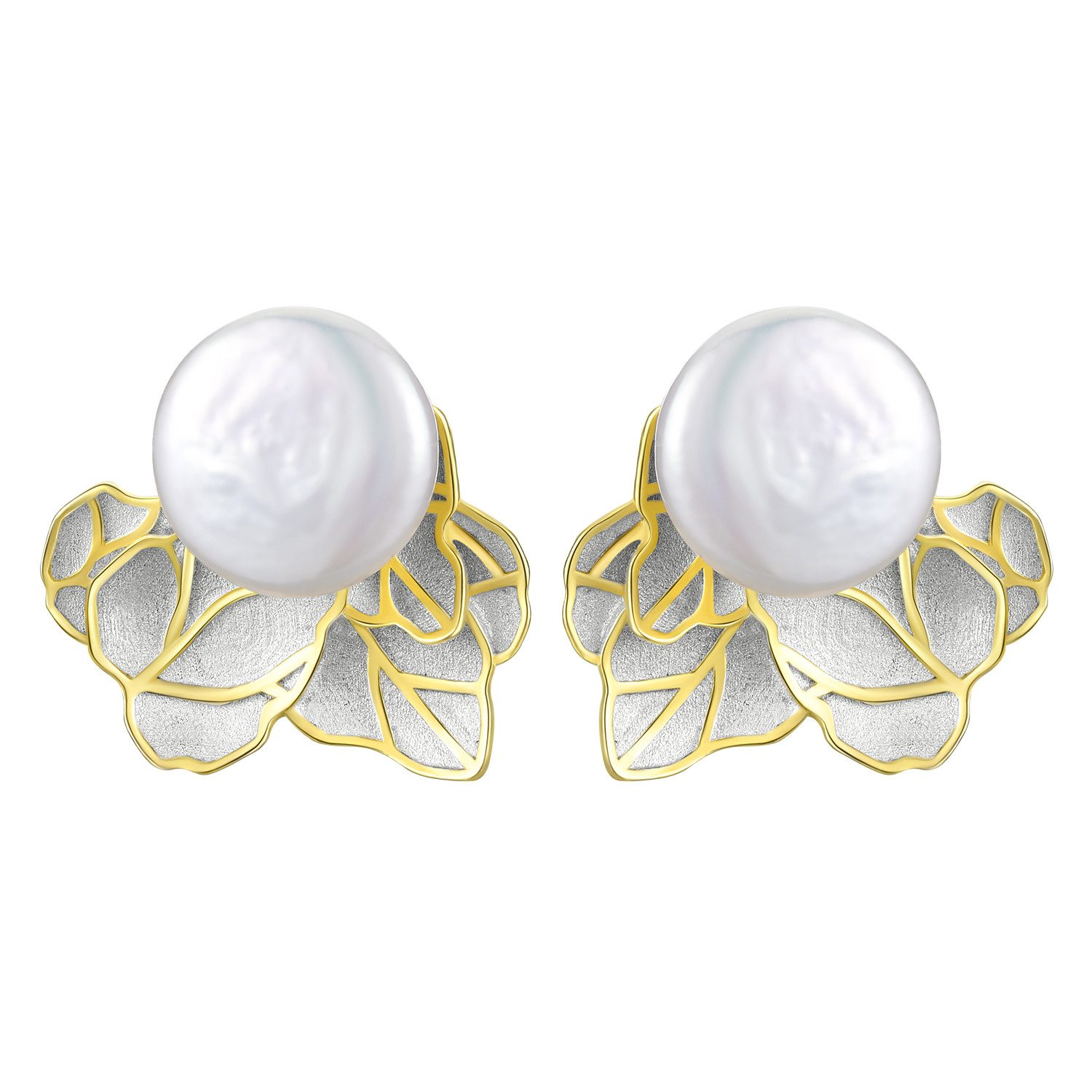 Runde Perlé Perlenohrringe Lotta, natürliche Barockperle, handgefertigte Blatt Ohrringe, 925er Silber, 18K Gold