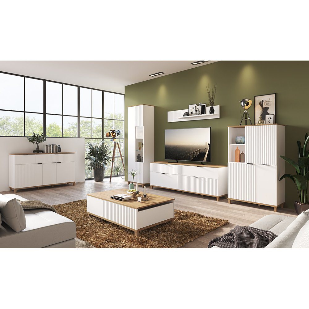 Lomadox Wohnzimmer-Set PLYMOUTH-129, (Mega-Spar-Set, 6-St., 6-tlg), inkl. Couchtisch in weiß mit Eiche Nb.