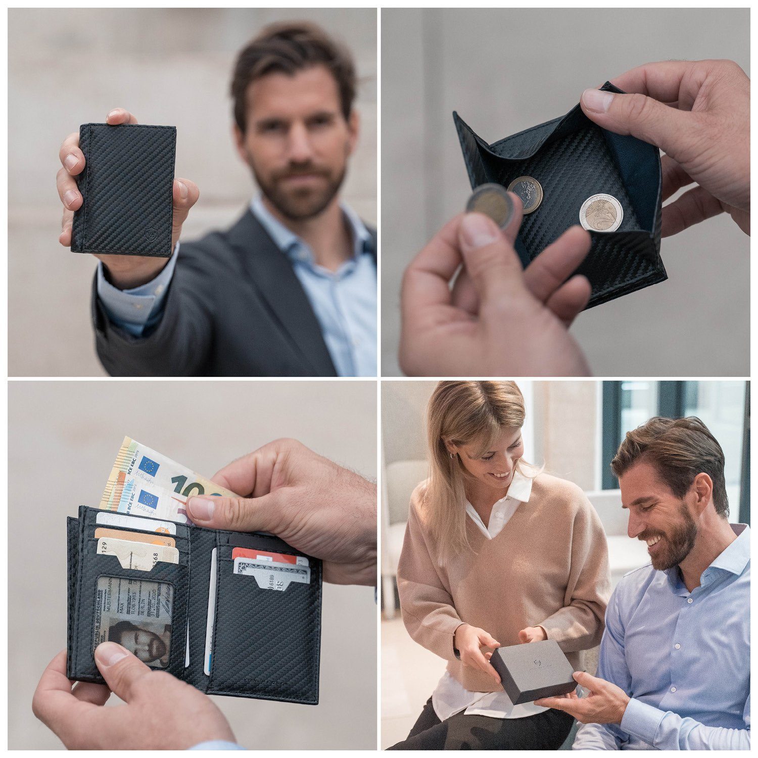 VON HEESEN Geldbörse Geldbeutel Münzfach Geschenkbox inkl. & 8 Carbon-Schwarz Portemonnaie RFID-Schutz, XXL mit Kartenfächer