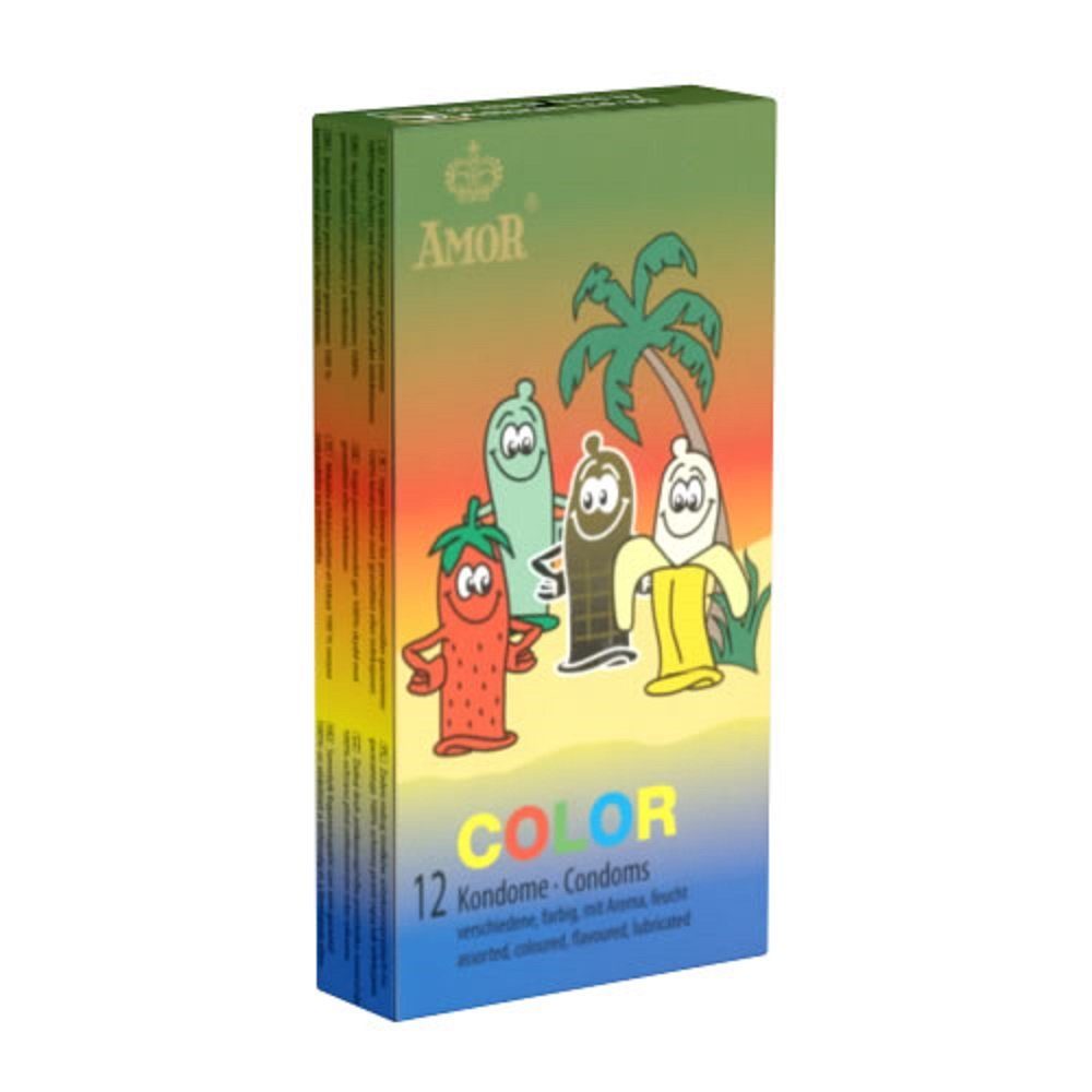 Amor Kondome Color (bunte Kondome) die Vielfalt der Aromen, Packung mit, 12 St., farbige, aromatisierte Kondome, Kondome im Sortiment für kunterbunte Abwechslung