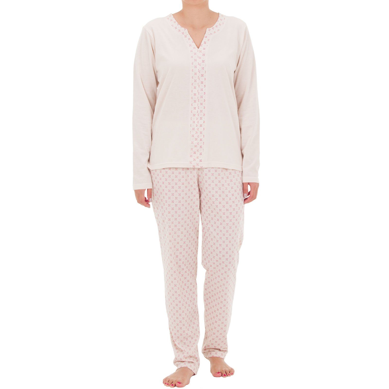 zeitlos Schlafanzug Pyjama Set Langarm - V-Ausschnitt beige