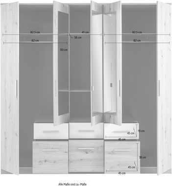Schlafkontor Drehtürenschrank Florida 212 cm breit mit Schubkästen, Kleiderschrank mit Spiegel