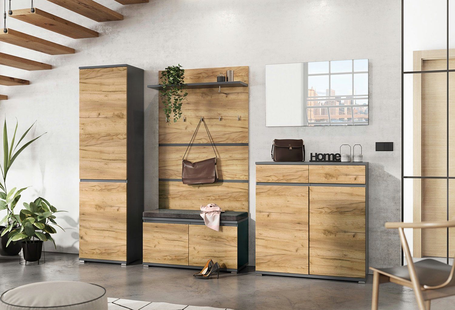 moebel-dich-auf Шкафы-Set LAUSANNE, (Set 1, Шкафыschrank + Paneel + Sitzbank + Spiegel + Schuhschrank), grifflose Optik, in 2 Farben erhältlich
