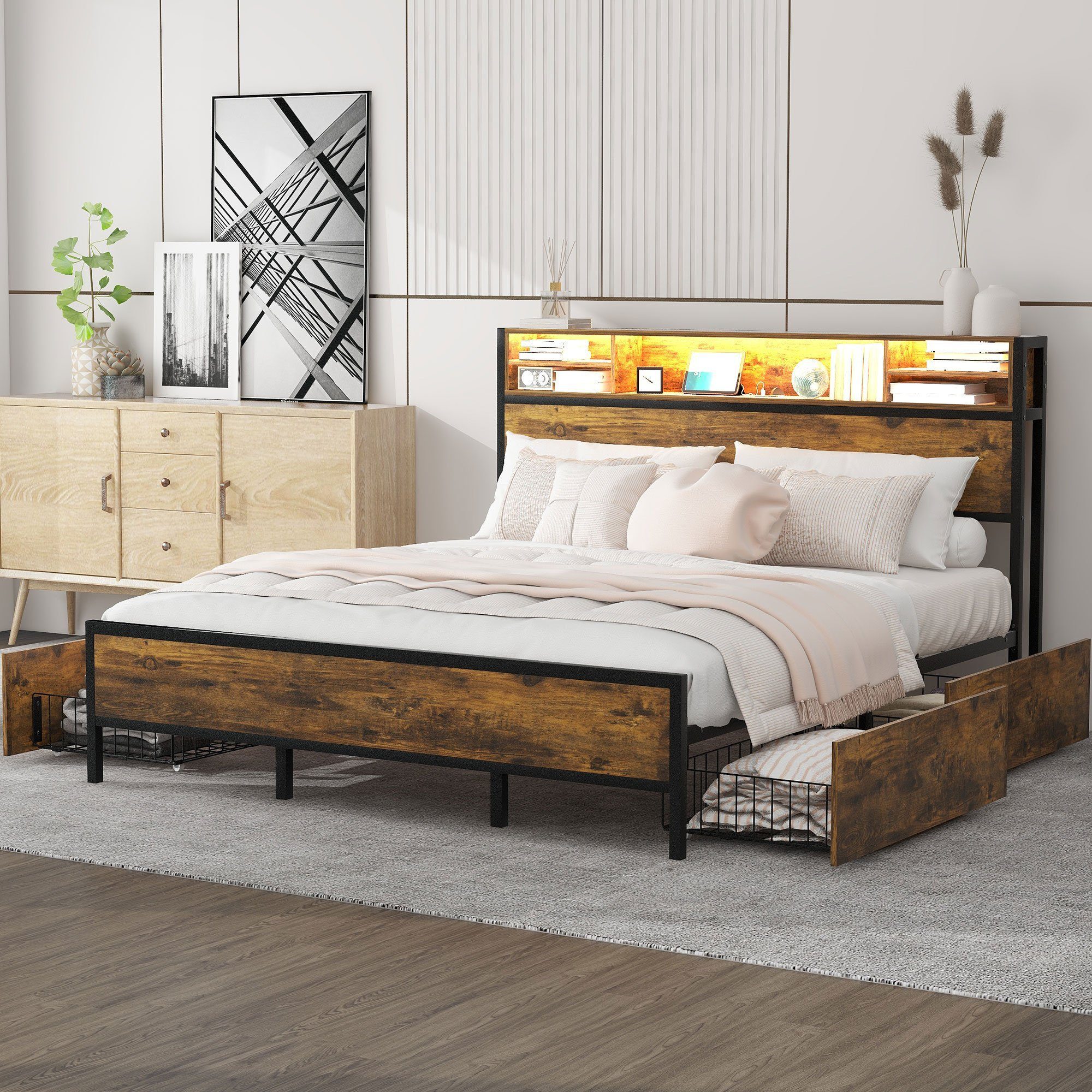 Ulife Metallbett Jugendbett Doppelbett mit Lattenrost und Kopfteil, LED-Bet günstig online kaufen