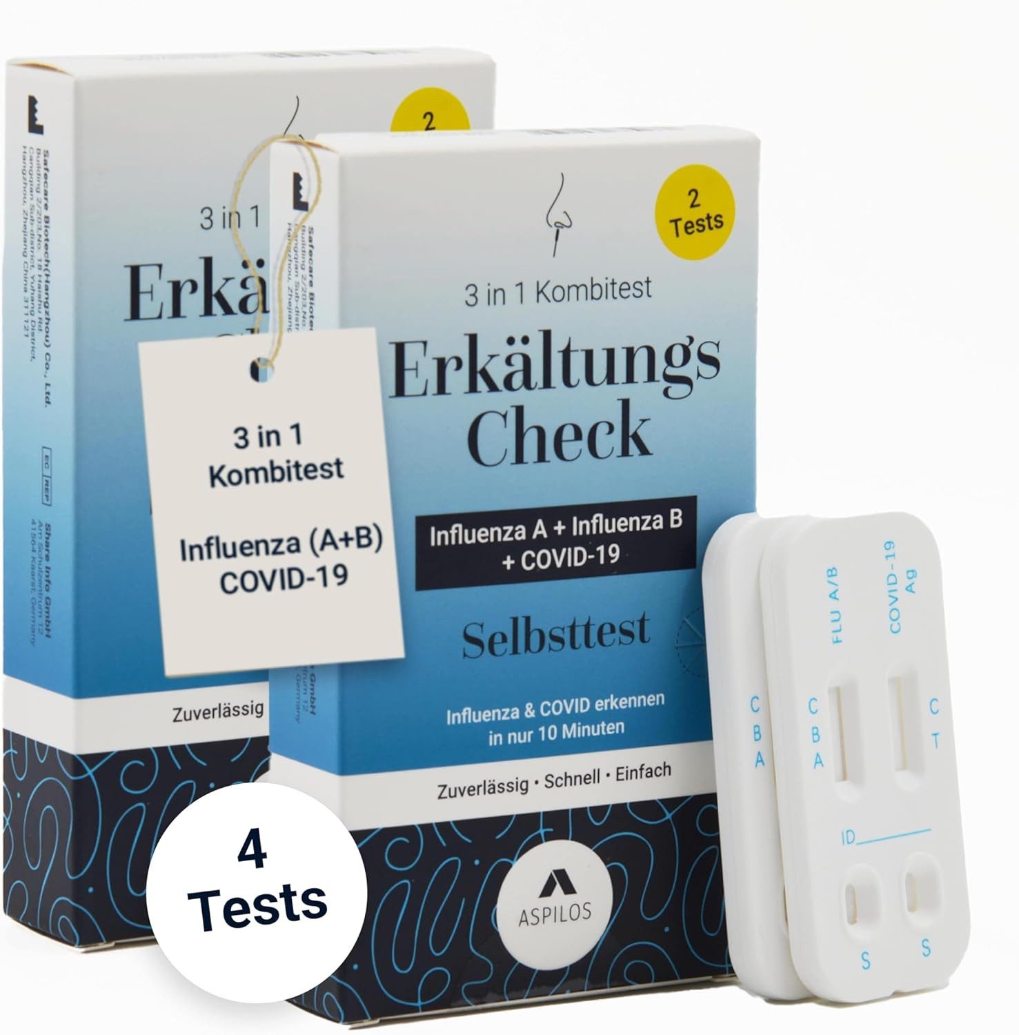 ASPILOS Influenza-Schnelltest 3-in-1 Corona & Influenza A/B Selbsttest für Zuhause in 15 Min 4er Set, präzise & sicher, Erkältungstest, 4er Pack, zum selbst durchführen, 2-tlg., Erkältungscheck, Covid Test, Influenza Schnelltest, Nasenabstrich