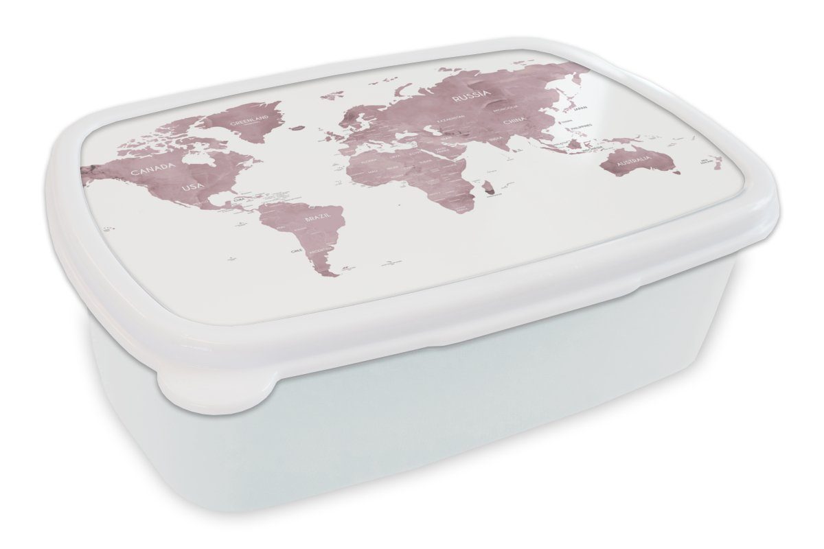 MuchoWow Lunchbox Weltkarte - Lila - Weiß, Kunststoff, (2-tlg), Brotbox für Kinder und Erwachsene, Brotdose, für Jungs und Mädchen