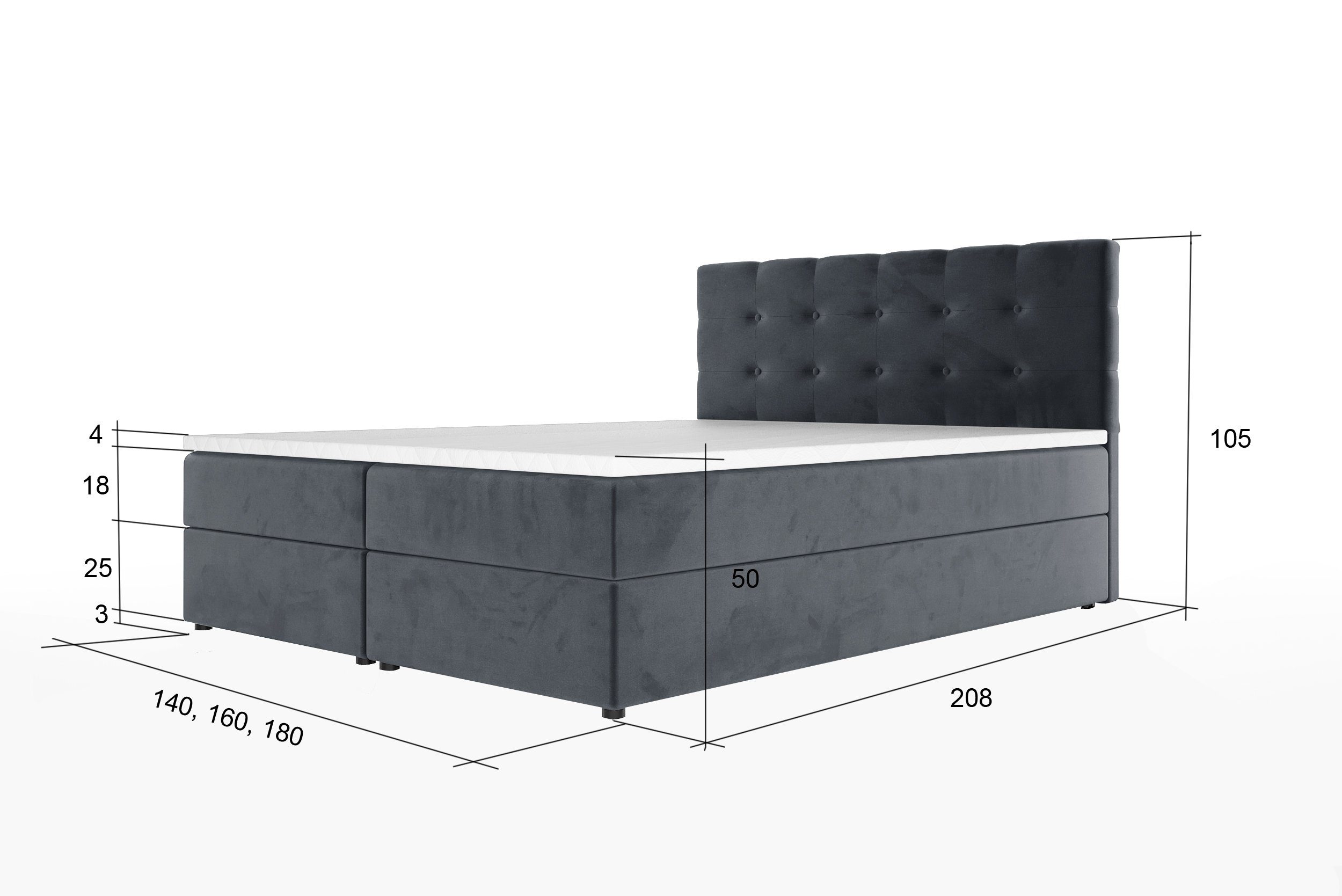 Unique Home Boxspringbett GM-FA Bettkasten Schlaffläche Asti Topper. Farbe mit wählbar, 2 und 2 Boxspringbett wählbar