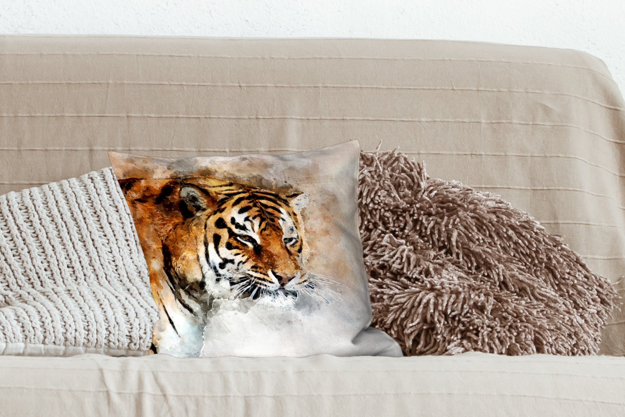 MuchoWow Dekokissen Tiger - Gemälde Sofakissen Wohzimmer, - Zierkissen Schlafzimmer, Deko, Weiß, für mit Füllung