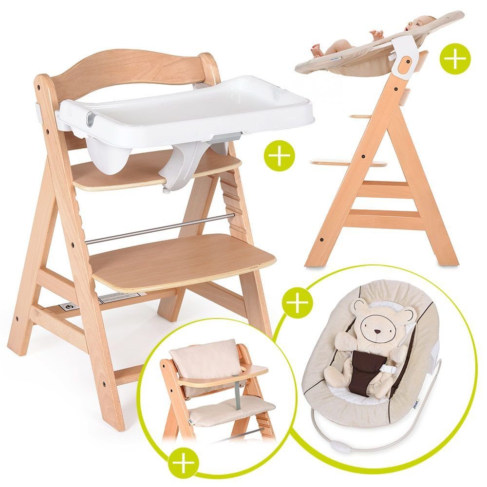 Hauck Hochstuhl Alpha Plus Natur - Newborn Set (Set, 5 St), Baby Holz  Hochstuhl ab Geburt mit Liegefunktion inkl. Aufstz für Neugeborene (Wippe),  Tisch Alpha Tray und Sitzauflage - mitwachsend, höhenverstellbar
