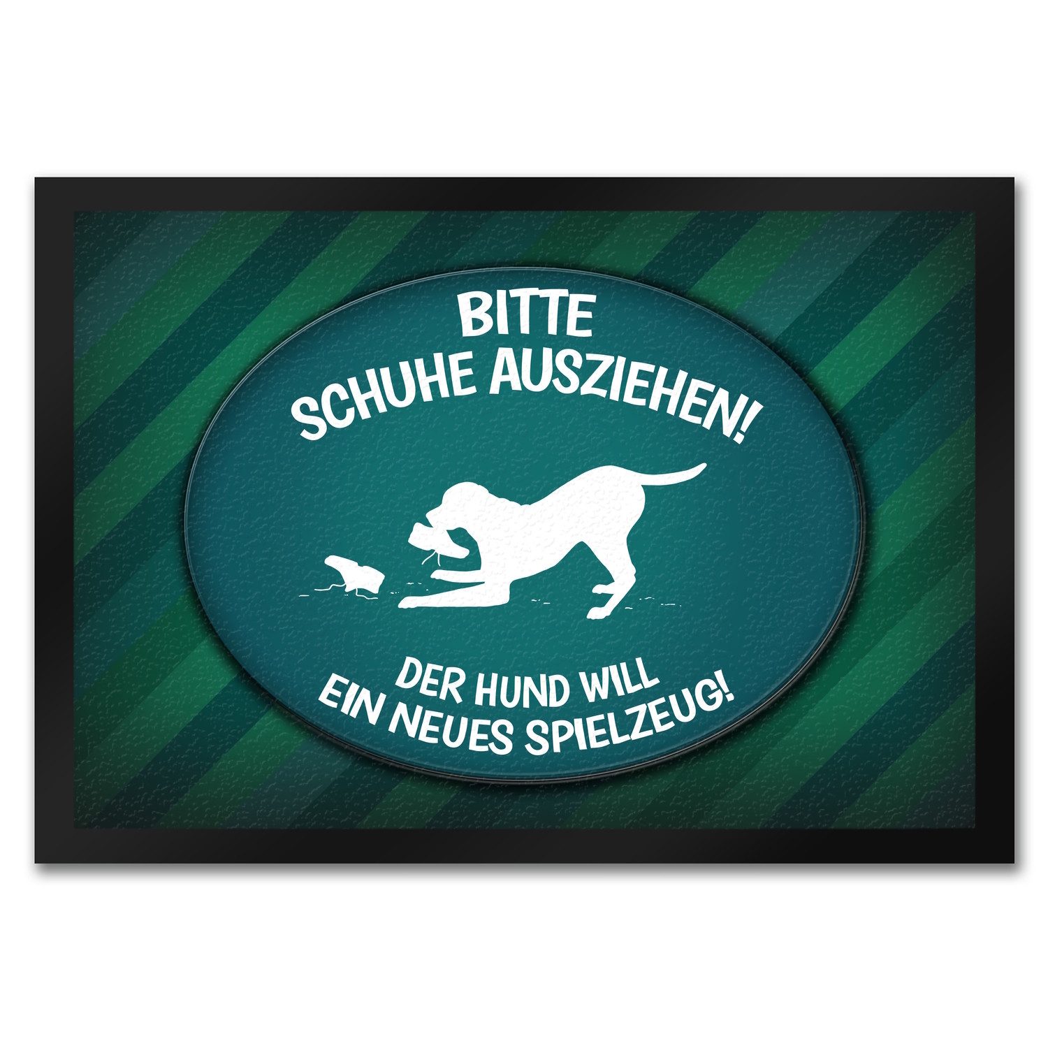 Fußmatte Schuhe ausziehen der Hund will neues Spielzeug Fußmatte in blau