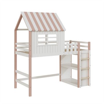 XDeer Jugendbett Kinderbett 90x200cm hoch und niedrig Bett für Jungenund Mädchen, Heimbett Dachform mit Sicherheitsleiter mit Ablagefach