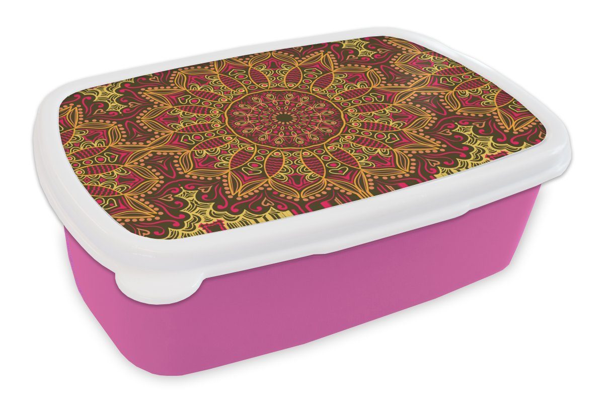 MuchoWow Lunchbox Muster - Mandala - Pflanzen, Kunststoff, (2-tlg), Brotbox für Erwachsene, Brotdose Kinder, Snackbox, Mädchen, Kunststoff rosa
