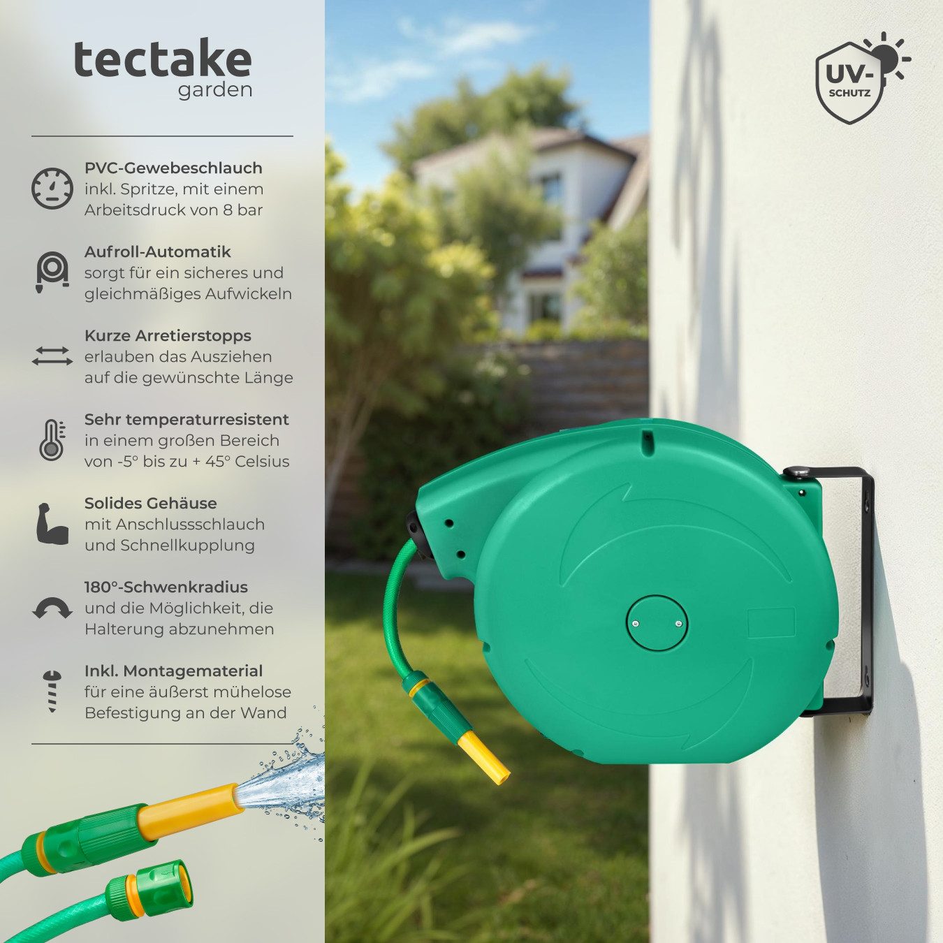 tectake Bewässerungsschlauch Schlauchtrommel, mit ½ Zoll Schnellkupplung, Arbeitsdruck 8 bar