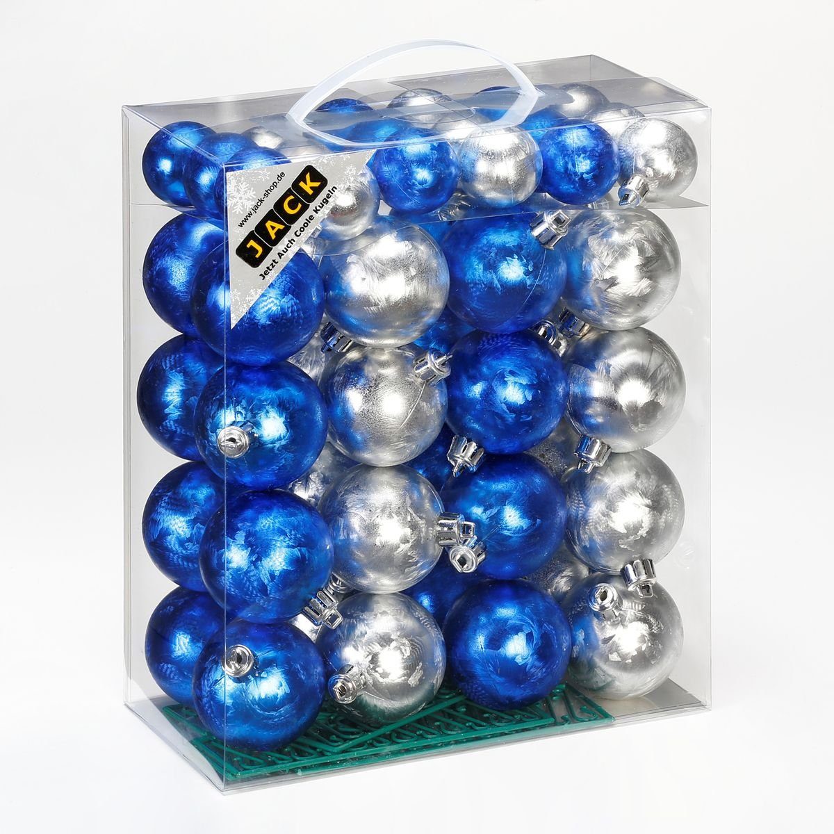 JACK Christbaumschmuck JACK by Inge 50x Kunststoff Kugeln Eislack Blau Silber Christbaumkugel, Inkl. Haken, Rillenoptik aus Kunststoff Ø 4 + 6 cm, Aufbewahrungsbox