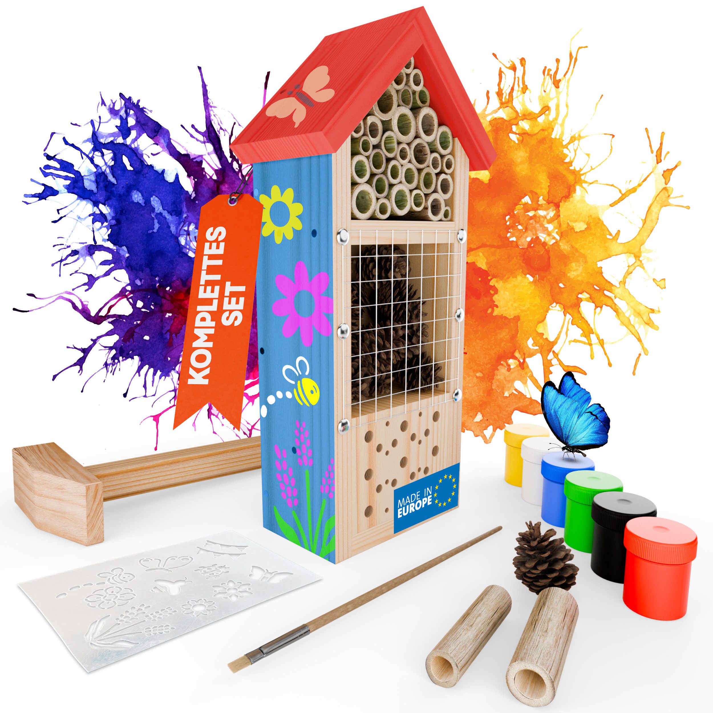 Eli Insektenhotel Bausatz für Kinder aus Kiefernholz zum Bemalen DIY Bienenhaus, (inkl 6 Farben - Pinsel - Holzhammer - Nägel - Schablonen & Vorlagen, Wildbienenhotel für Garten & Balkon), Komplett Set
