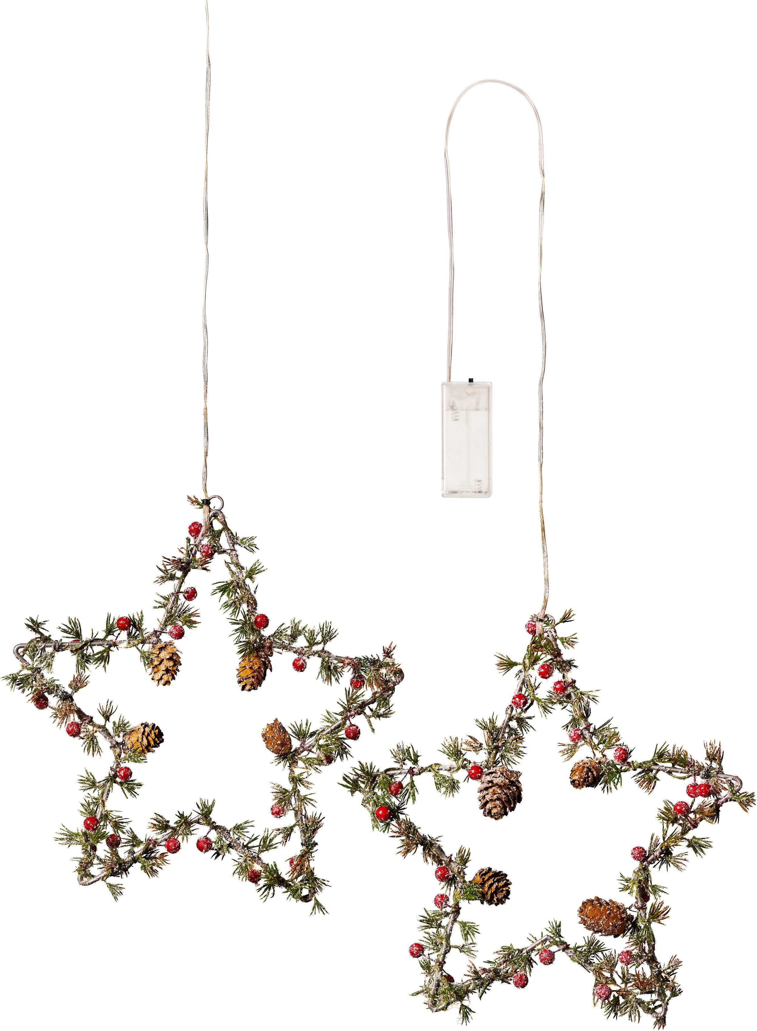 BONETTI LED Stern Weihnachtsstern, Früchte und Zapfen, LED fest integriert, Warmweiß, 2er Set, zum Aufhängen, Ø ca. 27 cm, Weihnachtsdeko