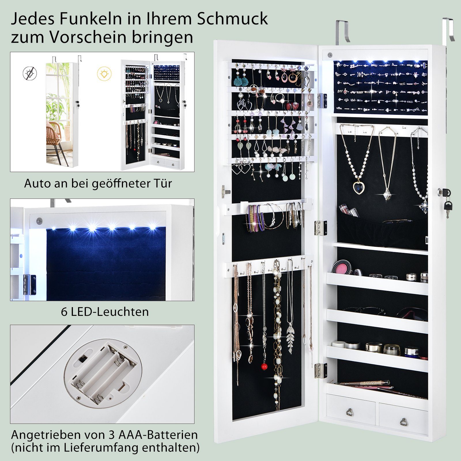 COSTWAY Schmuckschrank mit 6 LED&Schubladen, abschließbar Weiß