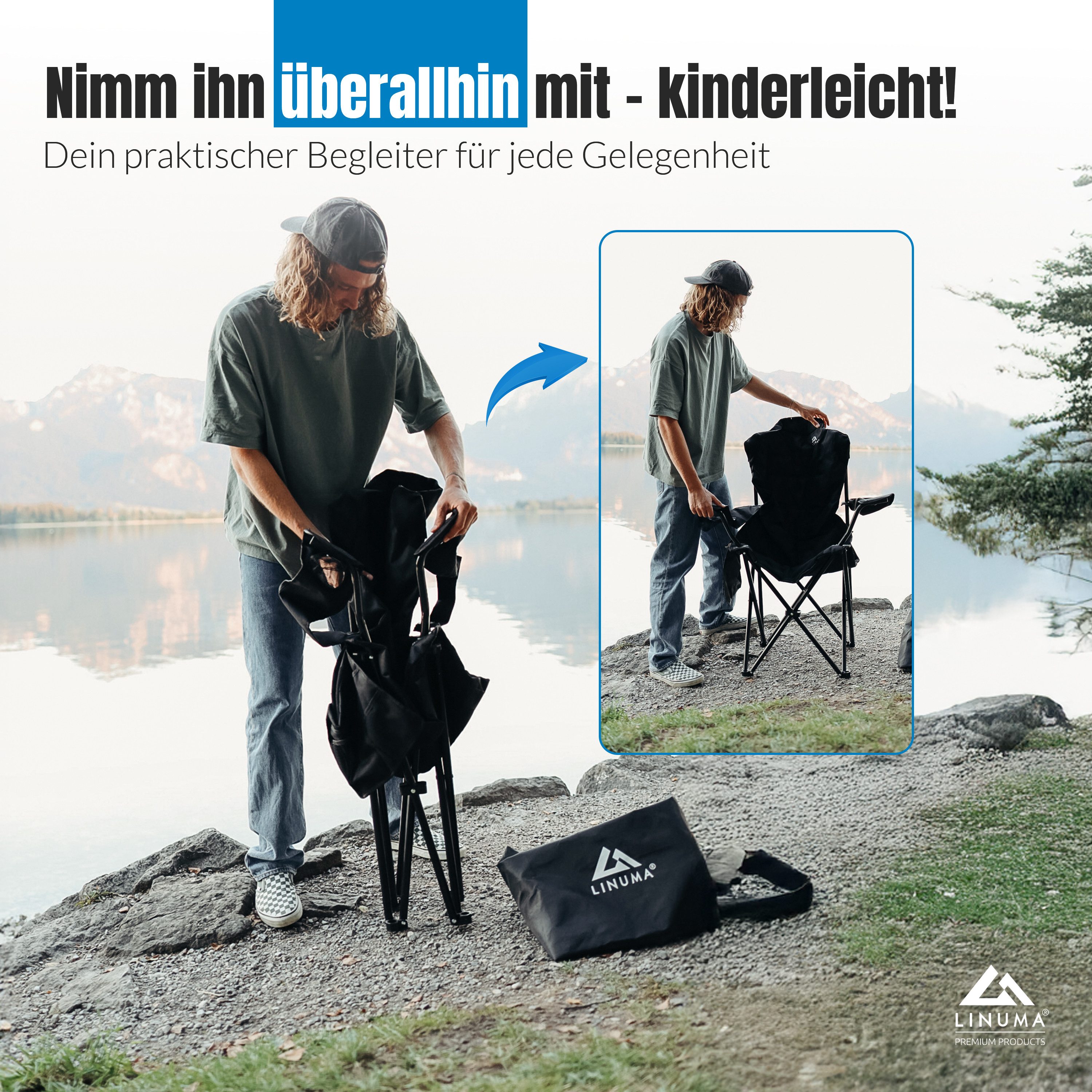 LINUMA Campingstuhl faltbar mit extra großem Getränkehalter, stabiler Klappstuhl schwarz (1 St), Faltbarer Campingstuhl mit XL-Getränkehalter für Festival & Outdoor