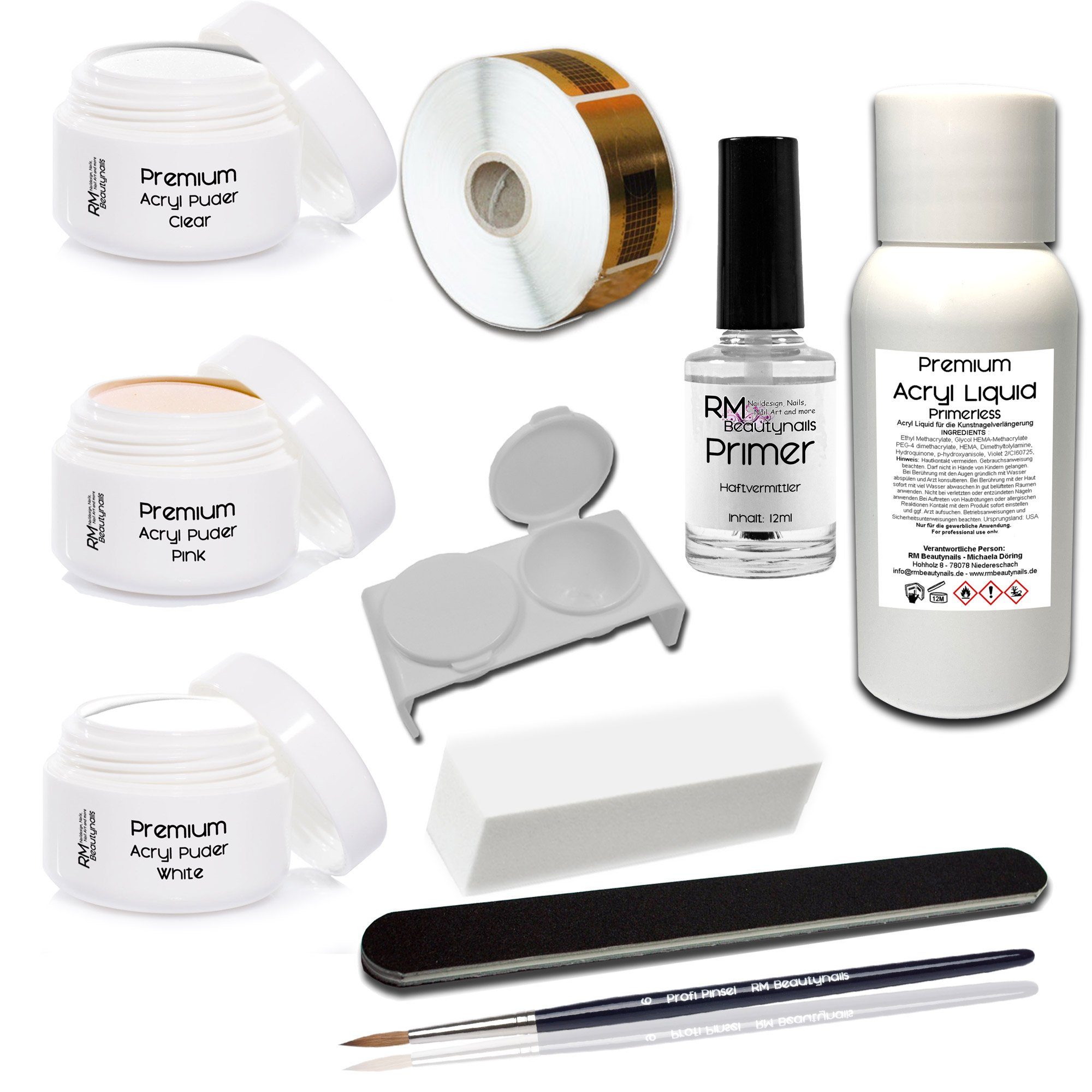 RM Beautynails Kunstfingernägel Acryl Set 1 Nagelset Starterset 50ml Liquid Acrylpuder Pulver Klar - Weiß - Pink Klar - Primer Feile Buffer, Starter Set 1-tlg., Bei einer Acrylmodellage benötigen Sie keine UV-Lampe, Acry Modellage Set in Studio Qualität