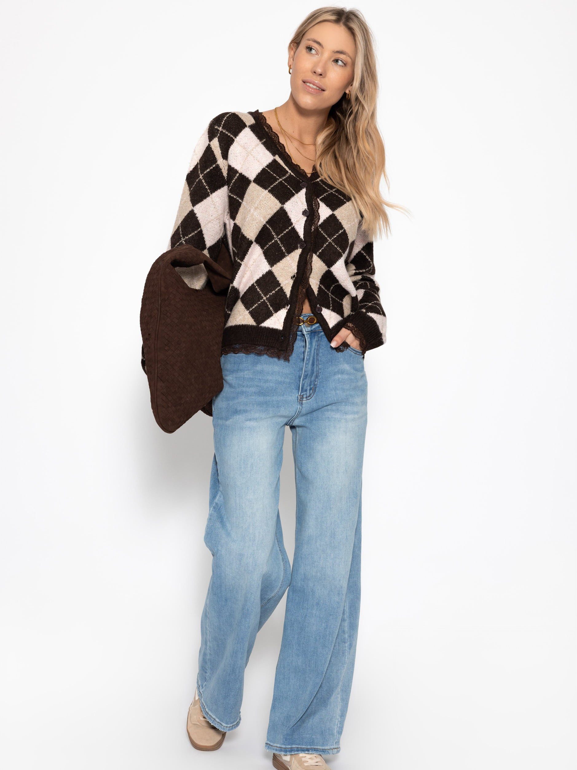 SASSYCLASSY Cardigan Strickjacke mit Rautenmuster für Damen Weicher Cardigan mit Spitzenborte und Knopfleiste Braun