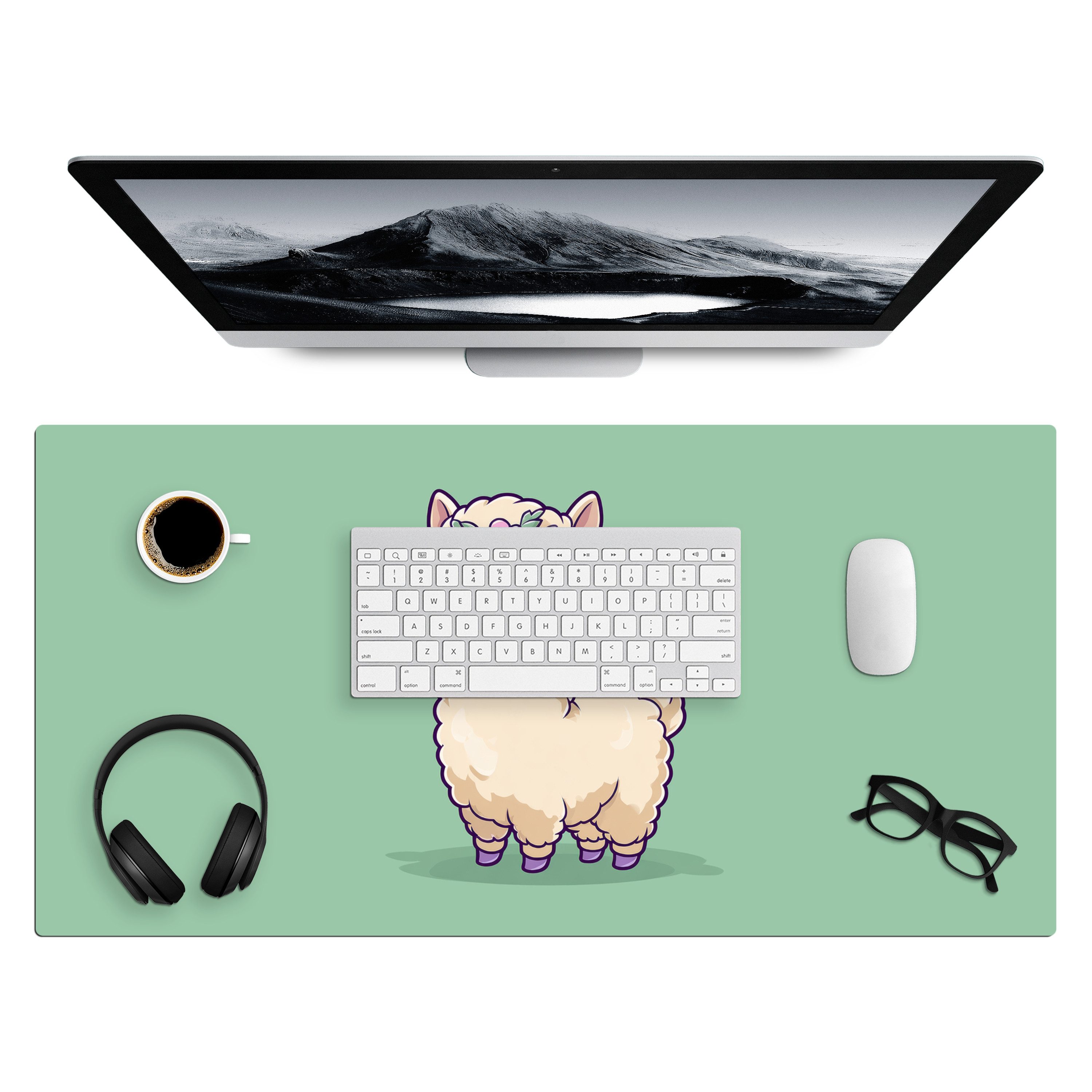 MuchoWow Gaming Mauspad Alpaka - Grün - Blumendiadem (1-St), Gaming Mauspad XXL, Schreibtischunterlage, Desk Mat Groß, 80x40 cm