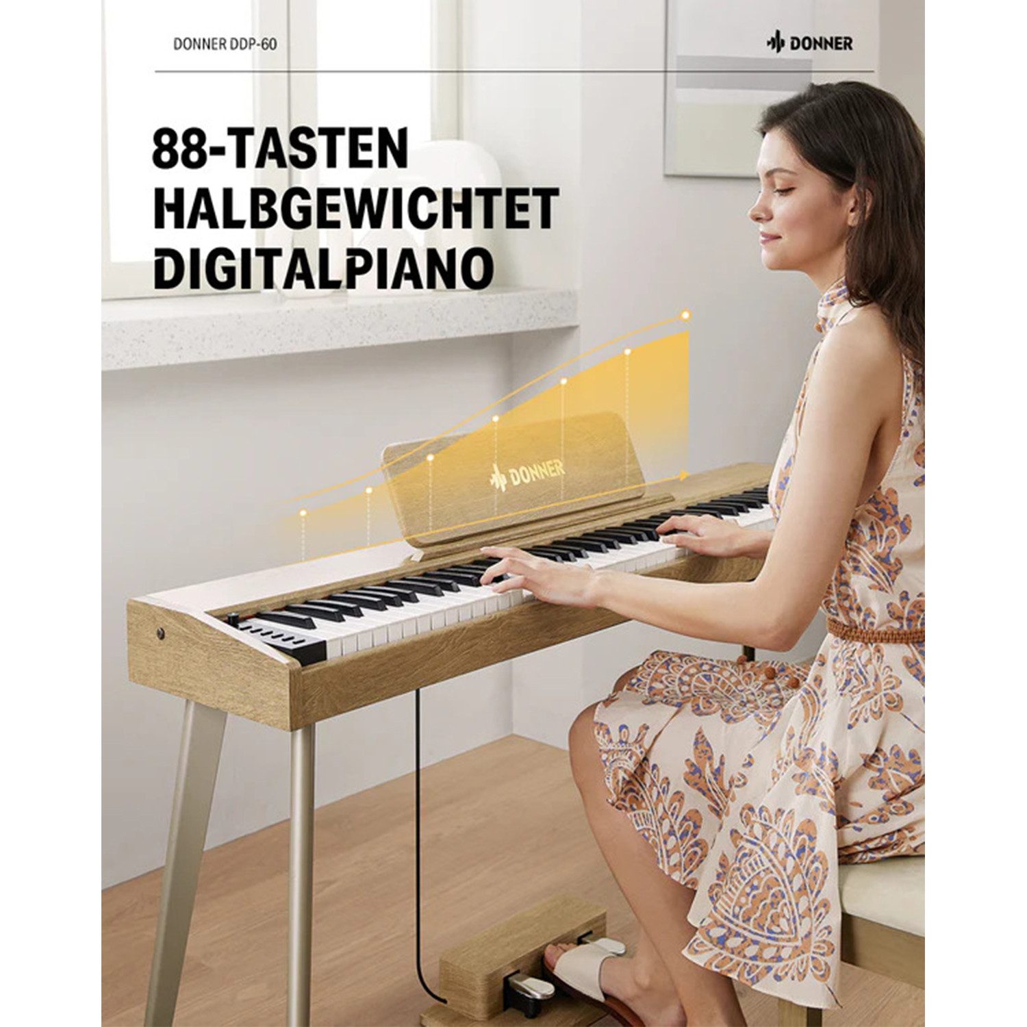 Donner Digitalpiano 88 Tasten halbgewichteter Tastatur Holzmaserung Keyboard DDP-60 (SET, 3-Pedal-Einheit,Netzadapter, Notenständer, Produktanleitung), 128 Stimmen, 83 Rhythmen, 8 Reverb-Effekten, 5 Stärkekurven