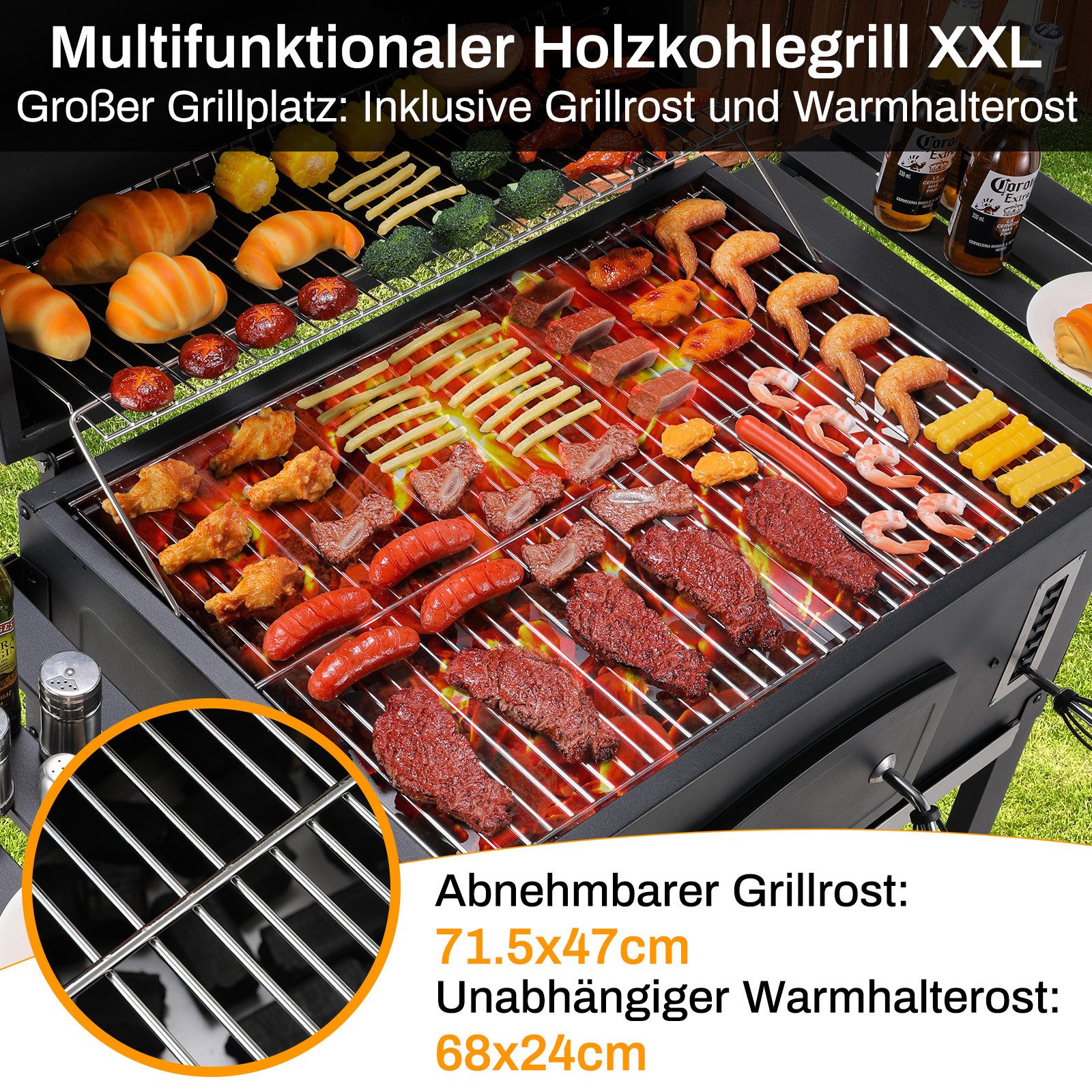 TLGREEN Holzkohlegrill XXL mit Deckel, Thermometer und Schornstein, BBQ Grillwagen für Garten & Camping, Höhenverstellbar, Klappbare Seitentische, Abnehmbarer A – Bild 4 von 5