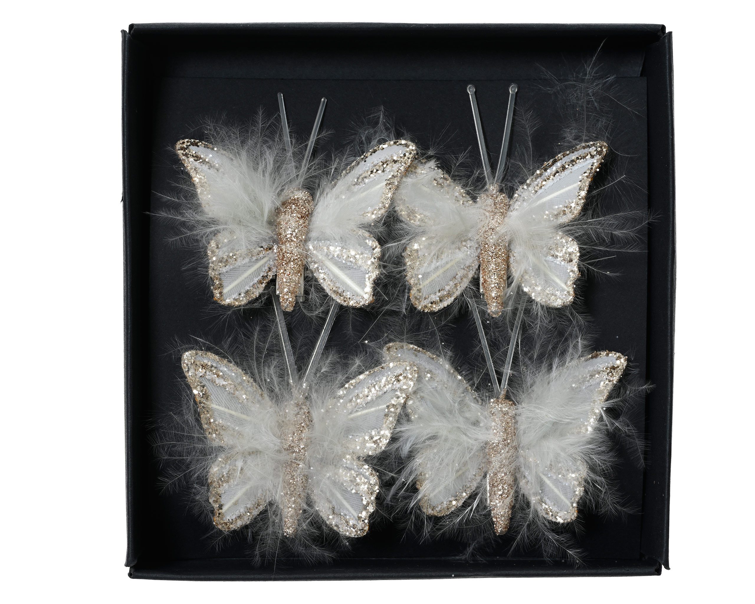 Kaemingk Christbaumschmuck, Schmetterling mit Federn & Clip 5cm 4er Set Gold / Weiß