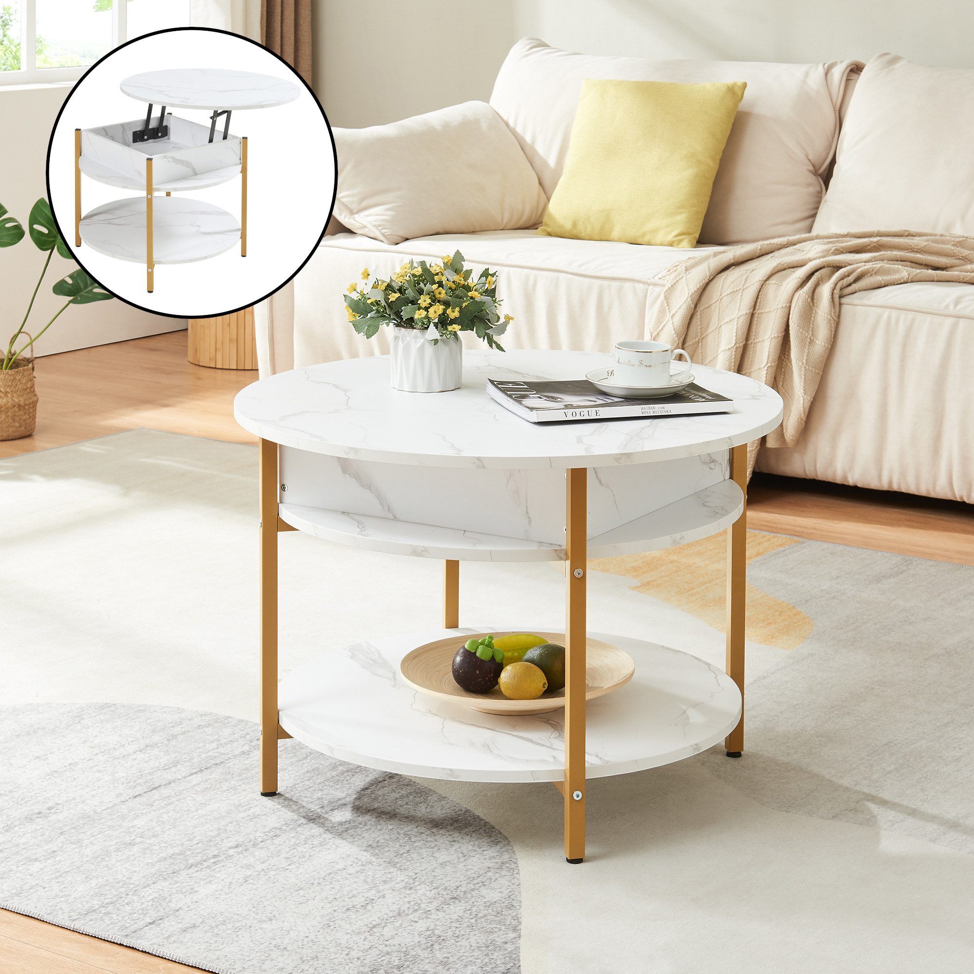 en.casa Couchtisch, »Kandas« mit Hebeplatte rund 70 x 49 cm Marmoroptik, we günstig online kaufen