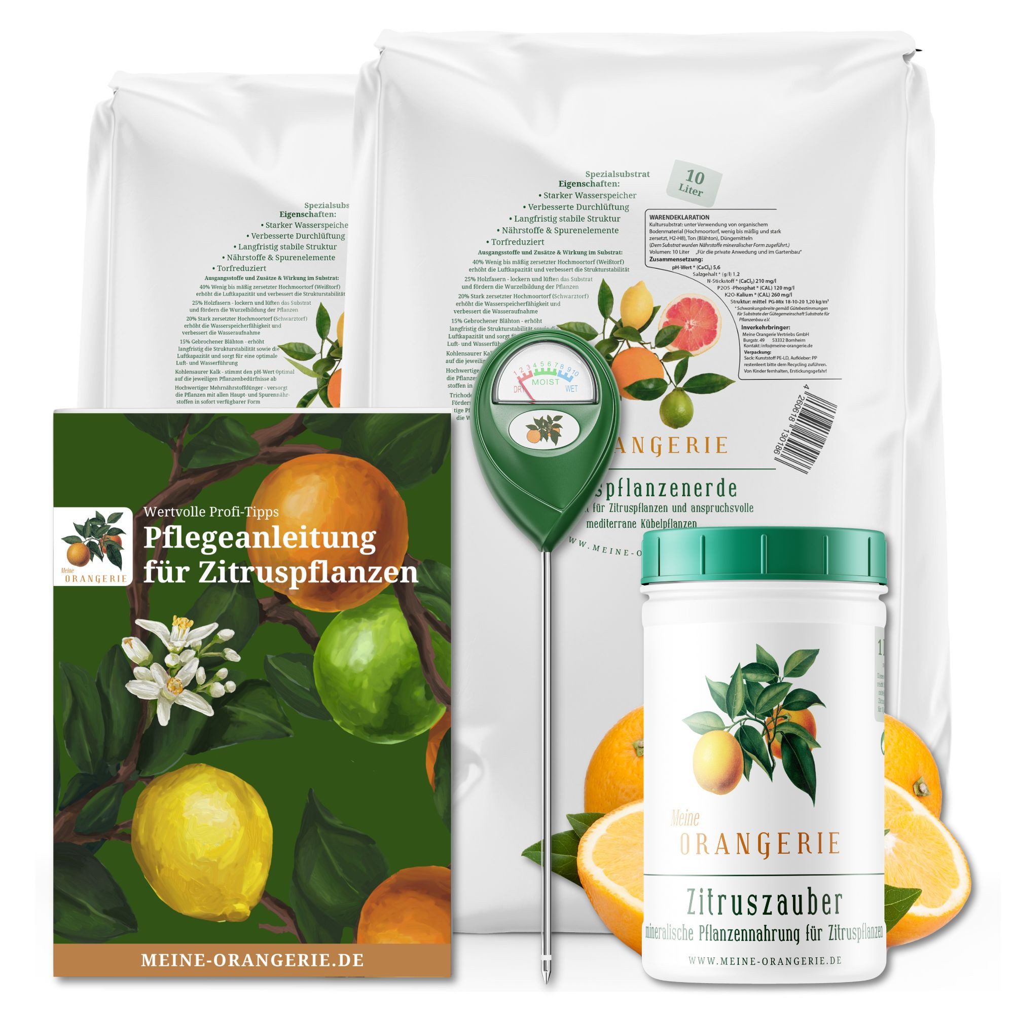 Meine Orangerie Gartenpflege-Set Citrus Pflegepaket Mezzo - mittleres Pflegeset für Zitruspflanzen, inkl. Zitrusdünger, Zitruserde, Feuchtigkeitsmesser & Pflegebroschüre