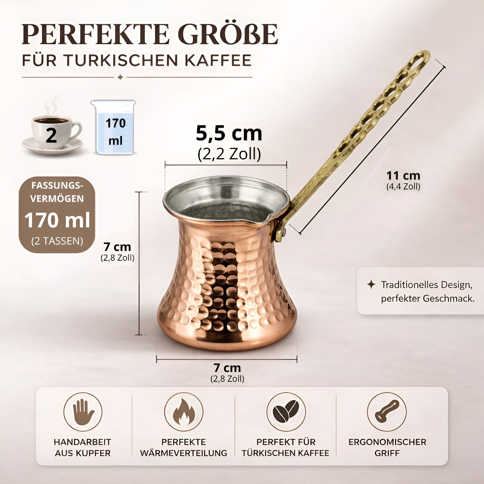 inovesis Kaffeekanne Handgemachte Kupfer, Cezve, Traditionelle Türkische Kaffeekanne, (3-St), 170 ml – ca. 5,5 cm Durchmesser - 2 Tassen
