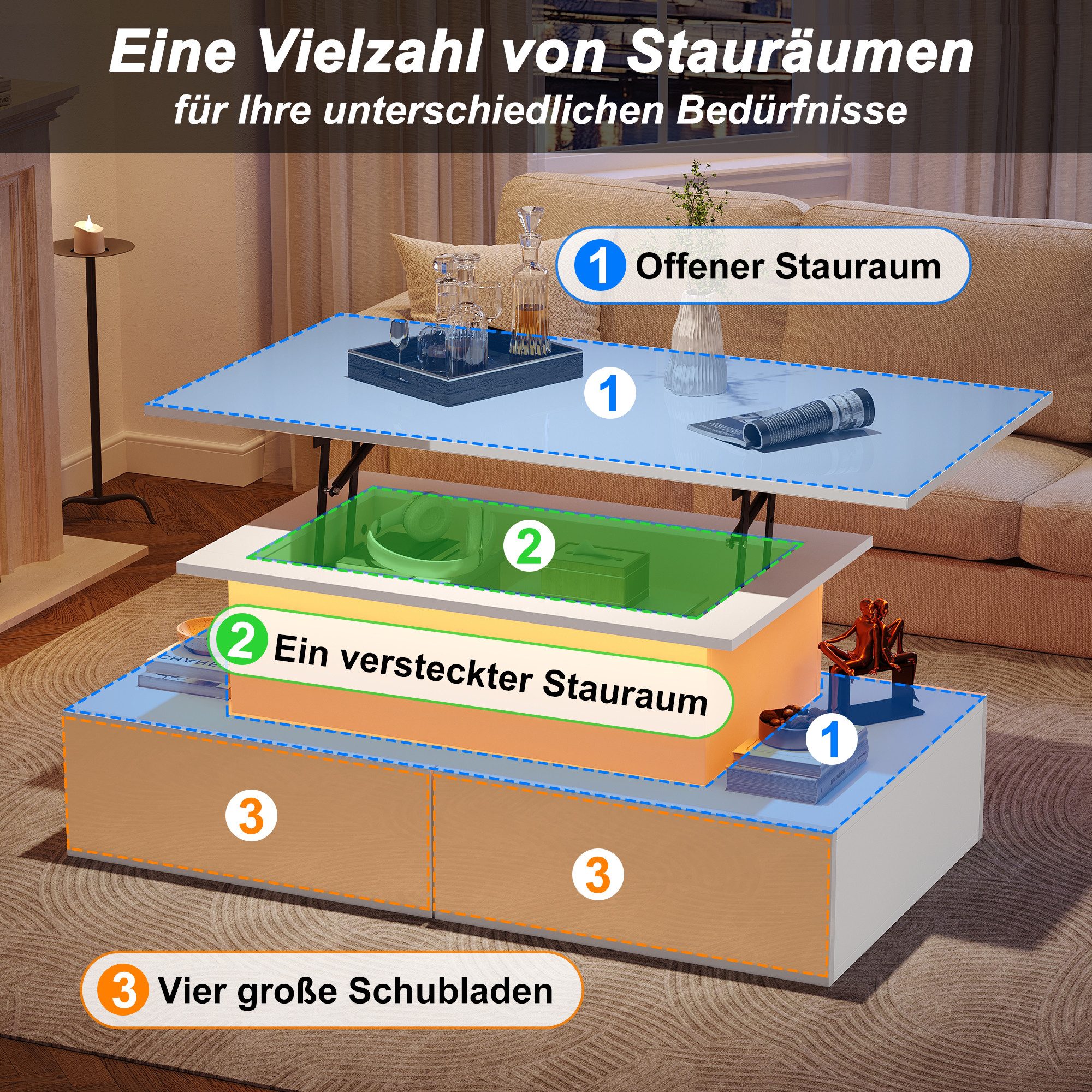 Merax Couchtisch hochglanz Sofatisch Beistelltisch mit LED und hydraulischer Lift (Lift-Teetisch, 90x55x41cm), Wohnzimmertisch mit 4 Schubladen und Stauraum ink – Bild 5 von 5